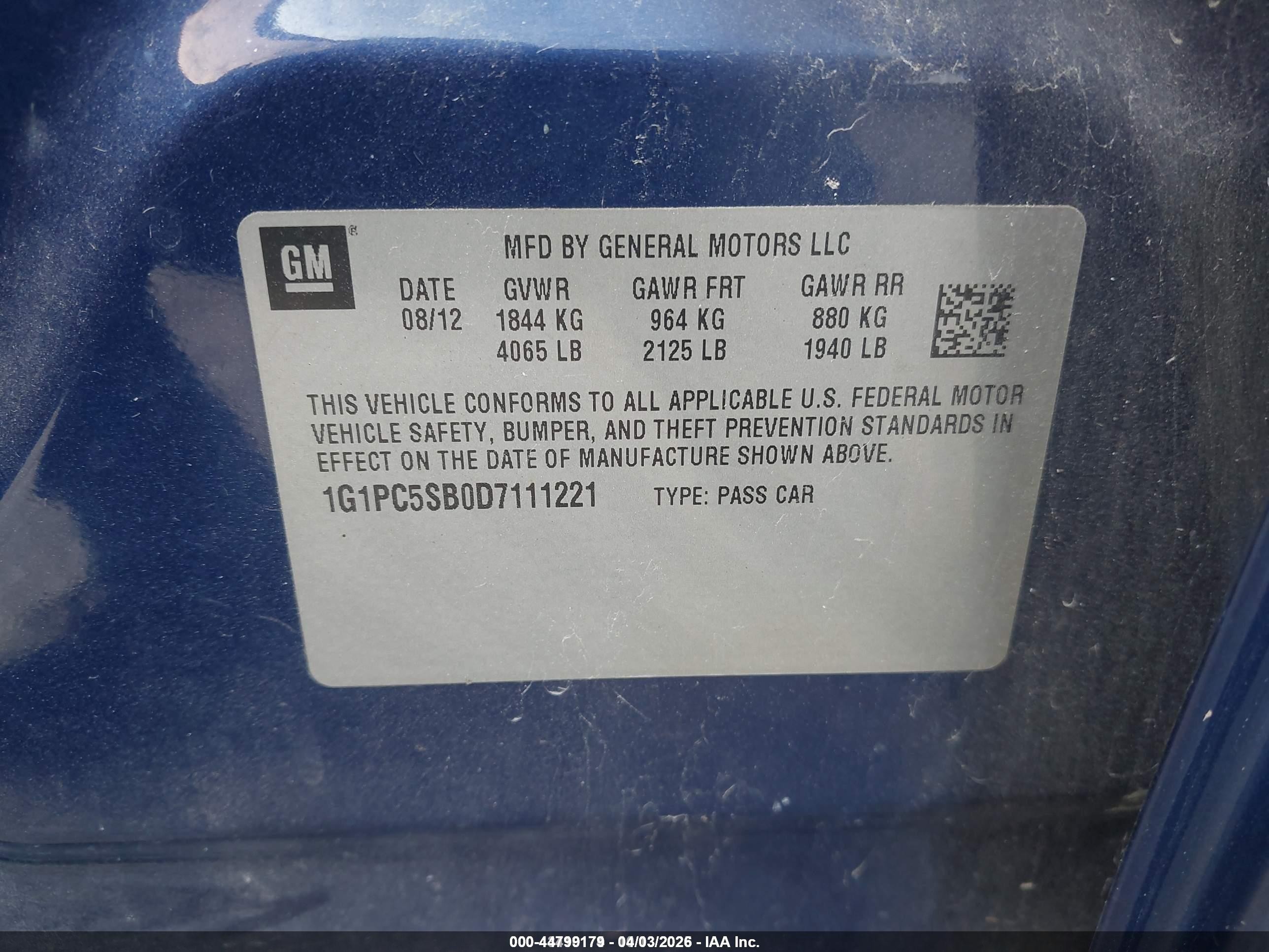 2013 Chevrolet Cruze 1lt Auto Blue vin: 1G1PC5SB0D7111221