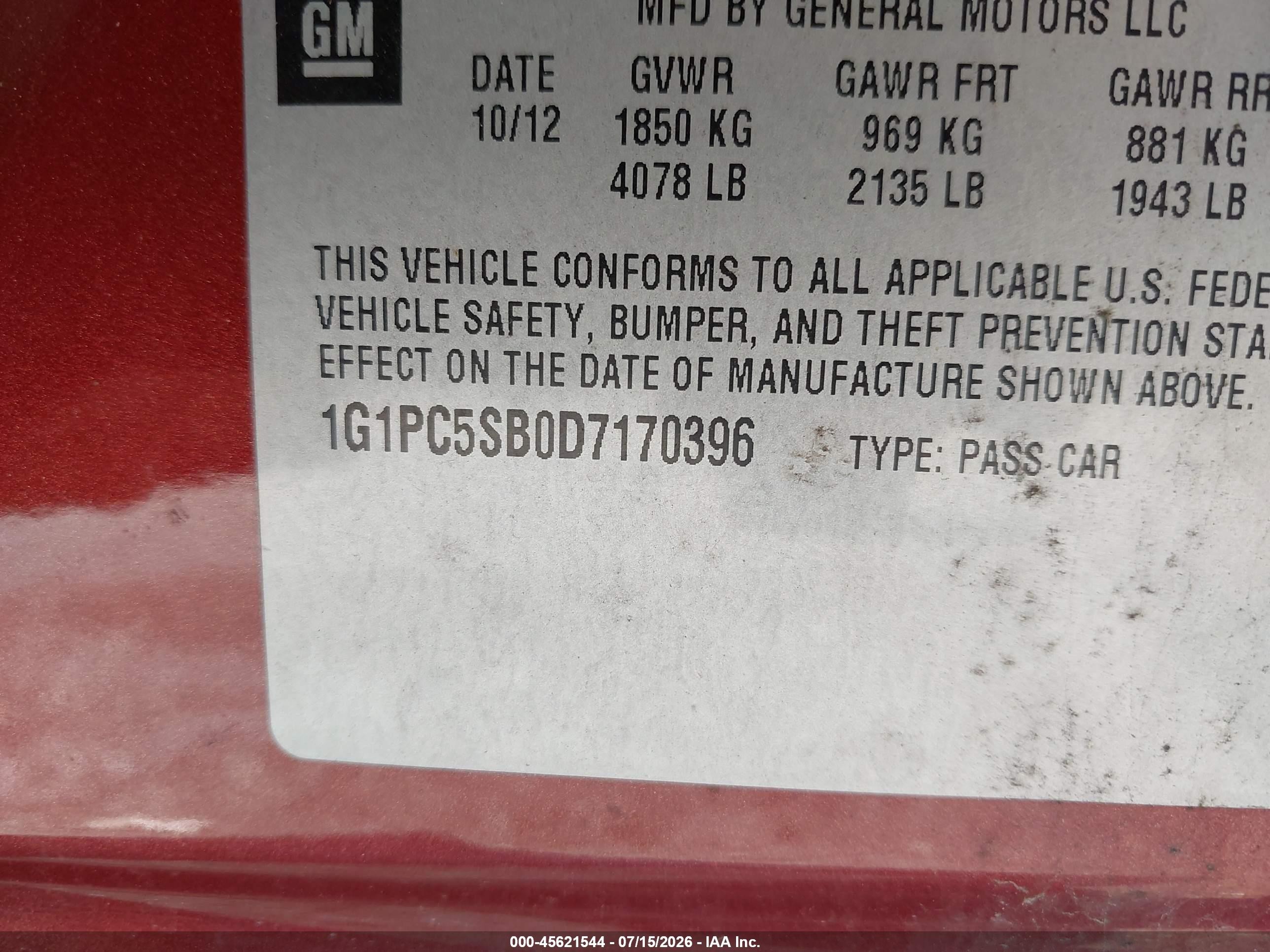 2013 Chevrolet Cruze 1lt Auto Red vin: 1G1PC5SB0D7170396