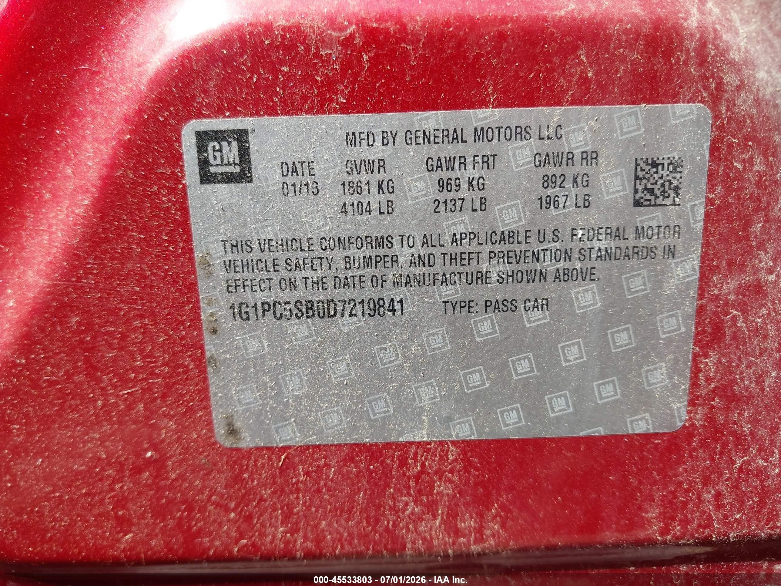 2013 Chevrolet Cruze 1lt Auto Red vin: 1G1PC5SB0D7219841