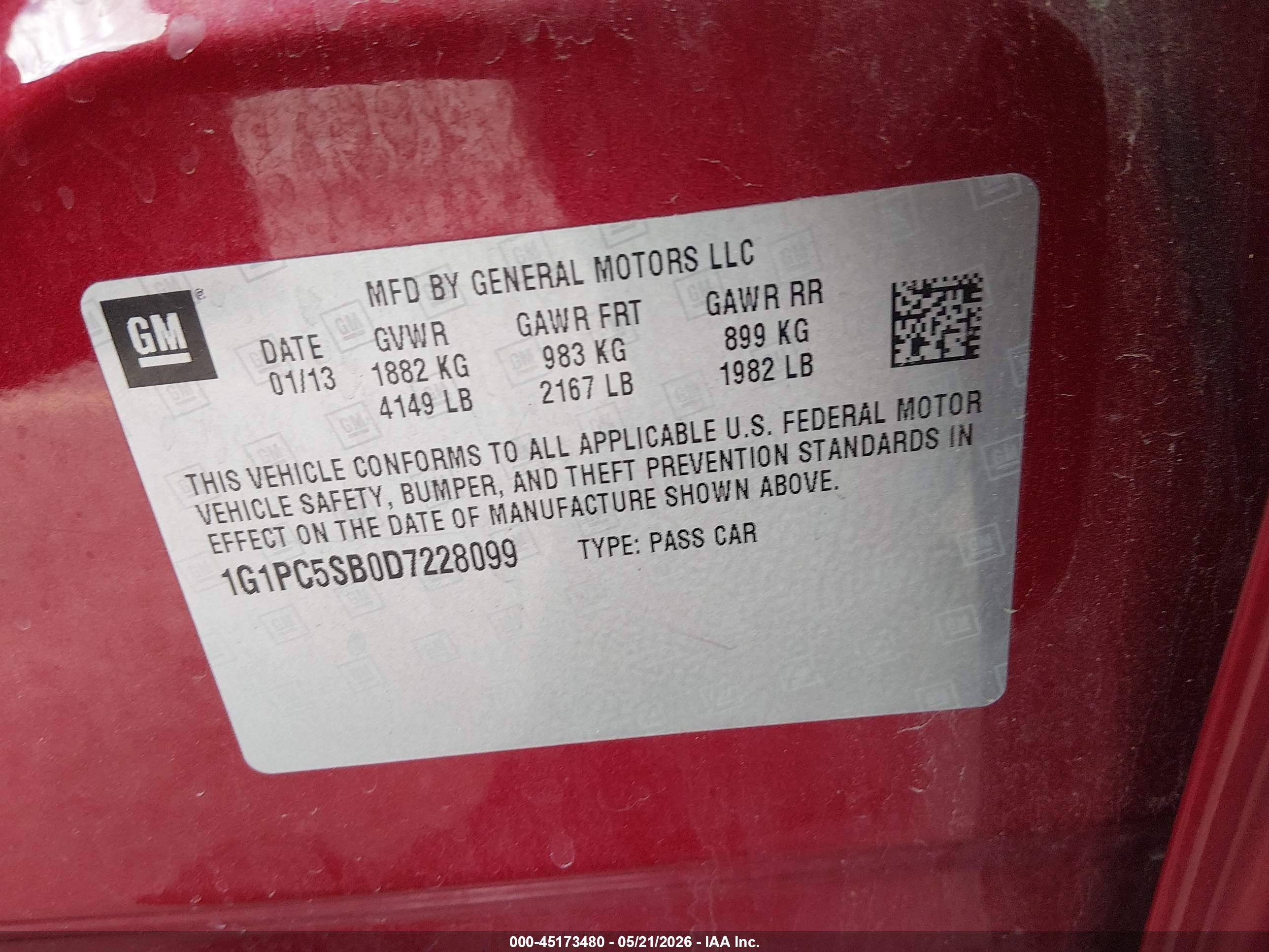 2013 Chevrolet Cruze 1lt Auto Red vin: 1G1PC5SB0D7228099