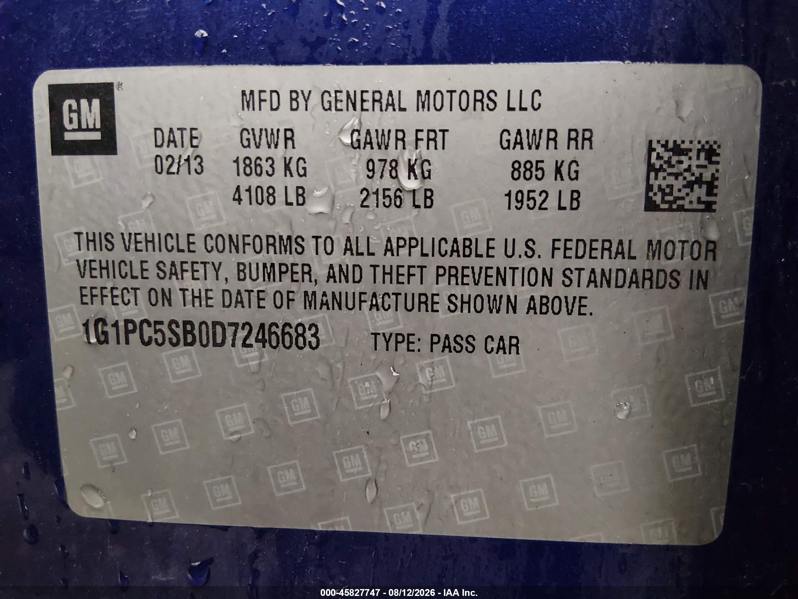 2013 Chevrolet Cruze 1lt Auto Blue vin: 1G1PC5SB0D7246683