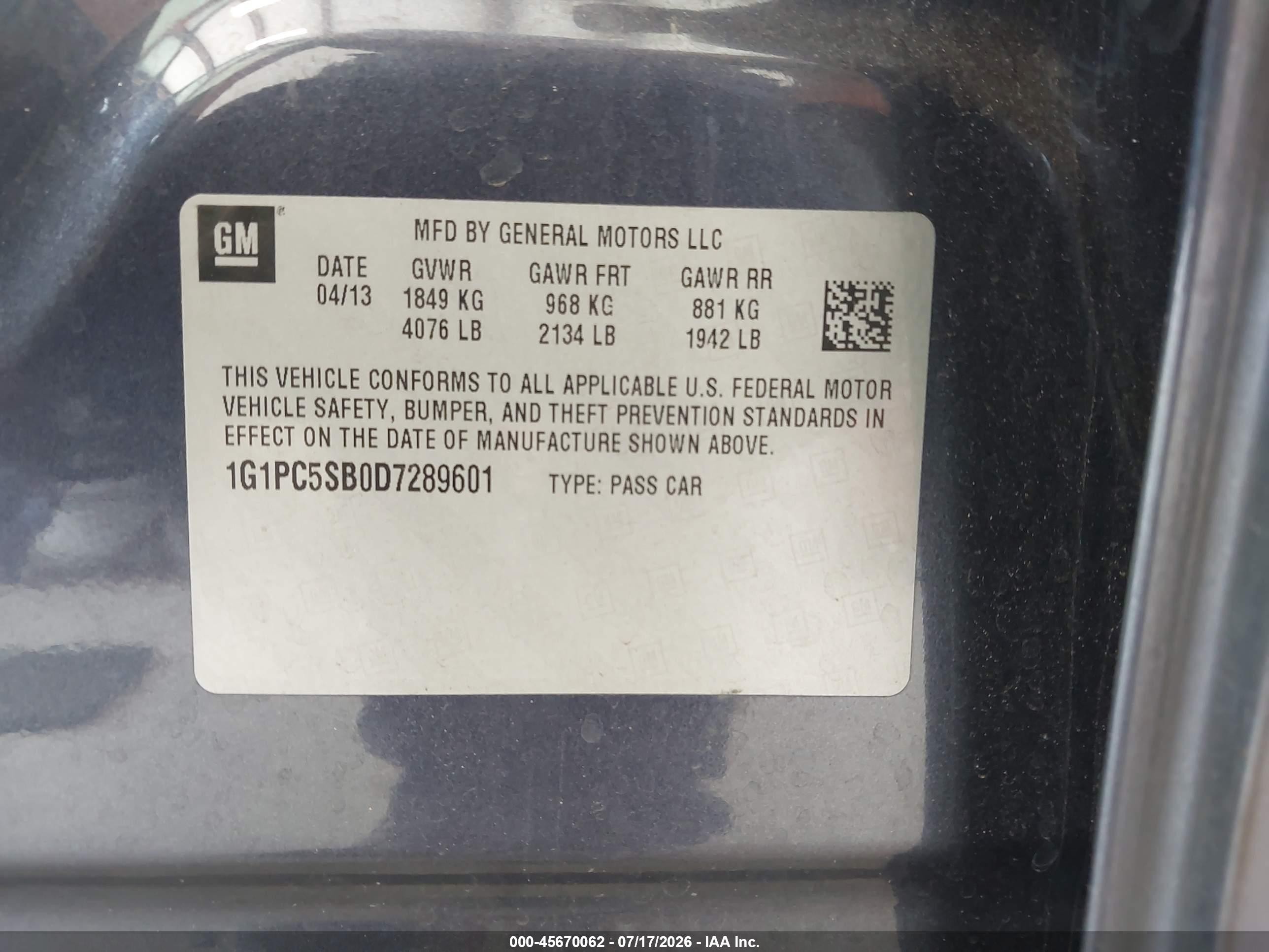 2013 Chevrolet Cruze 1lt Auto Blue vin: 1G1PC5SB0D7289601