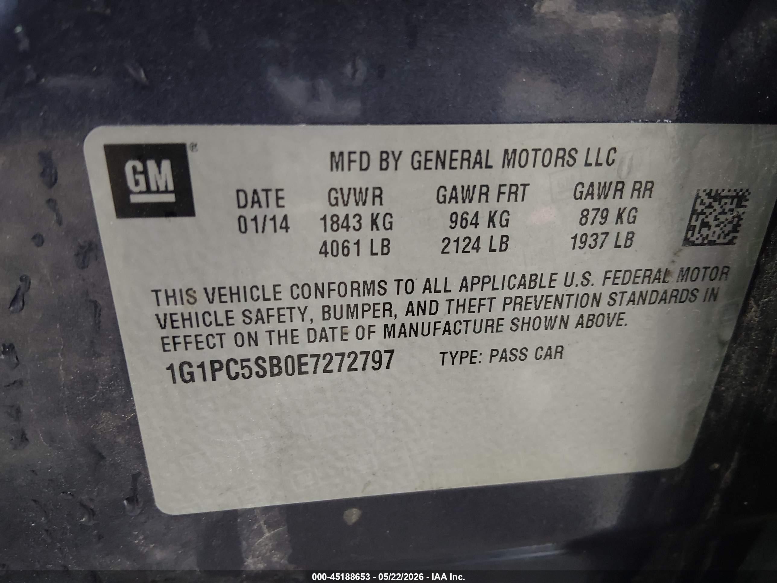 2014 Chevrolet Cruze 1lt Auto Blue vin: 1G1PC5SB0E7272797