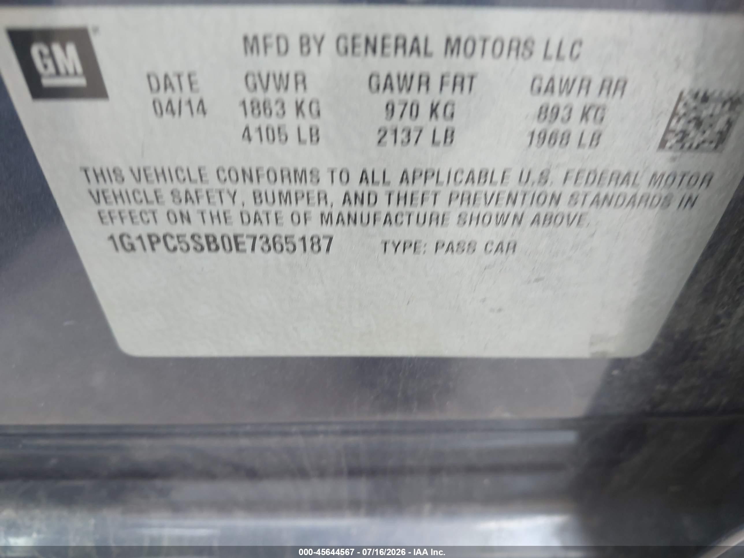 2014 Chevrolet Cruze 1lt Auto Blue vin: 1G1PC5SB0E7365187
