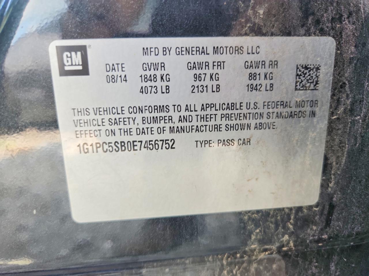 2014 Chevrolet Cruze Lt Blue vin: 1G1PC5SB0E7456752