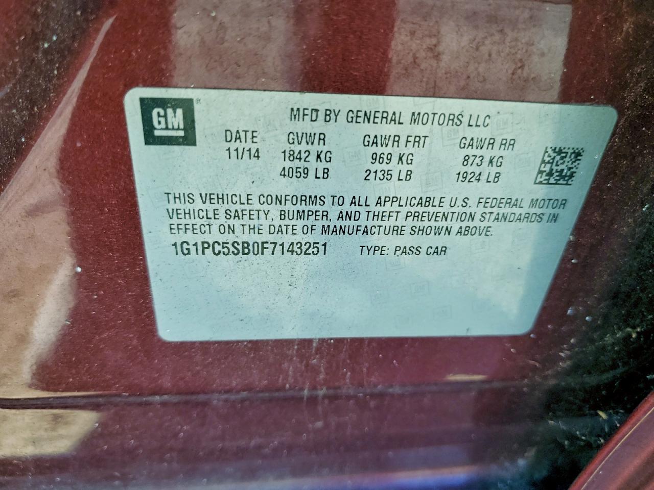 2015 Chevrolet Cruze Burgundy vin: 1G1PC5SB0F7143251