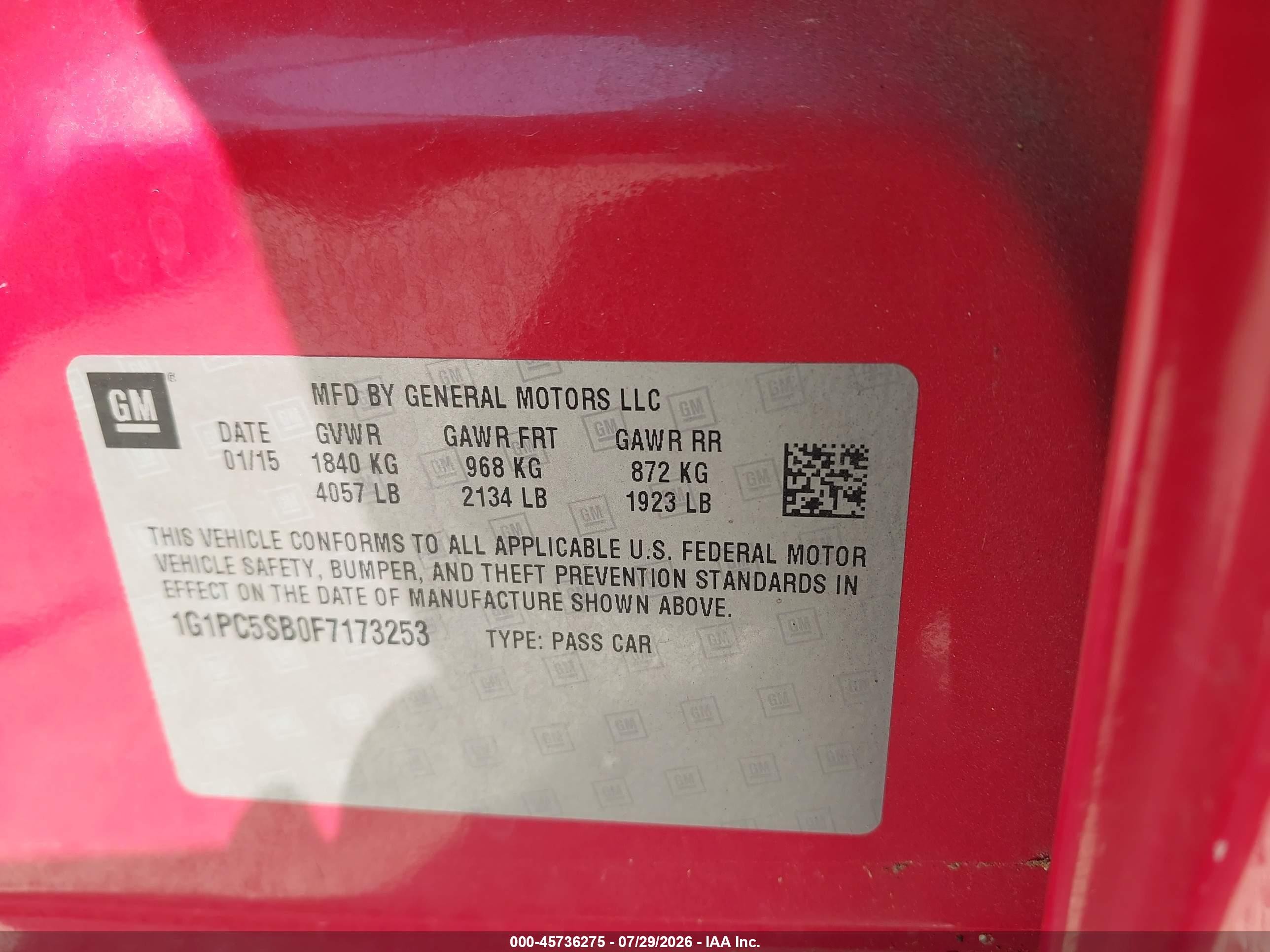 2015 Chevrolet Cruze 1lt Auto Red vin: 1G1PC5SB0F7173253