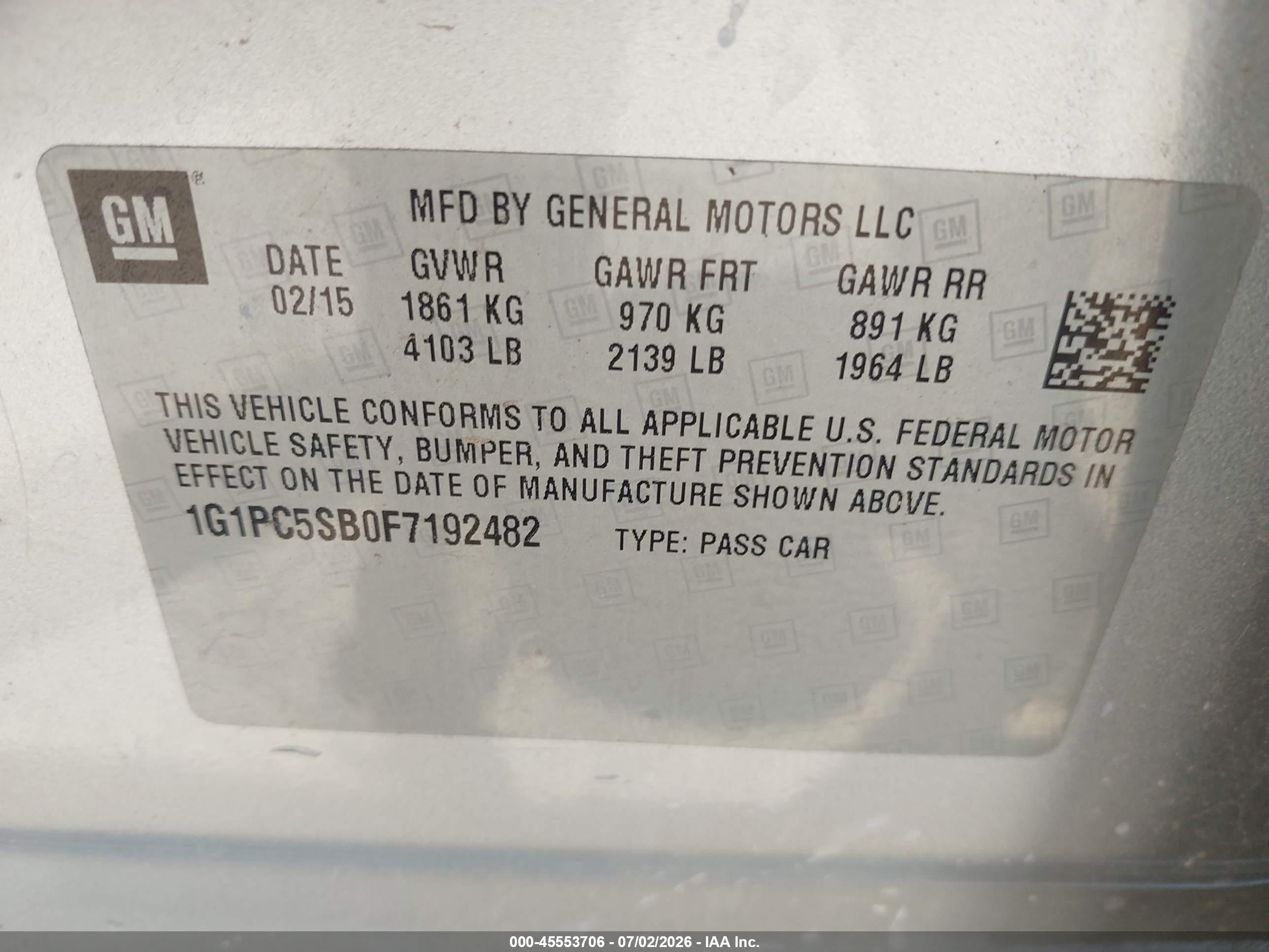 2015 Chevrolet Cruze 1lt Auto Серебряный vin: 1G1PC5SB0F7192482