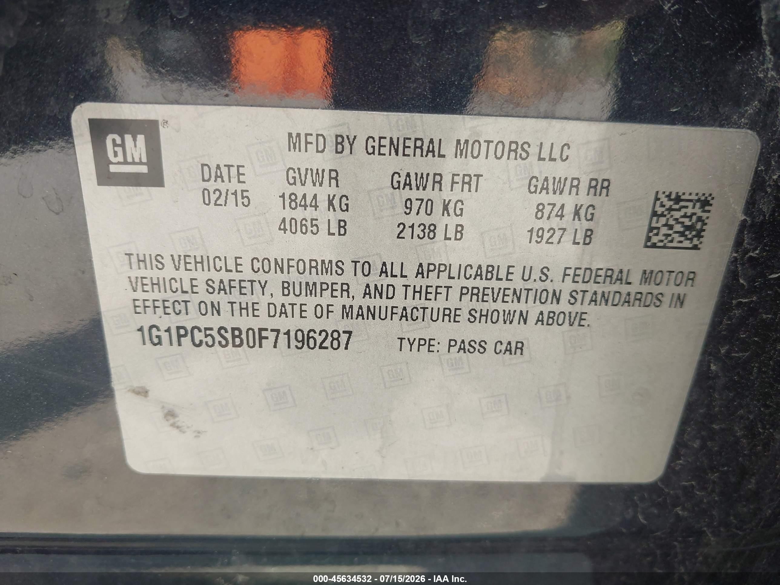 2015 Chevrolet Cruze 1lt Auto Серый vin: 1G1PC5SB0F7196287