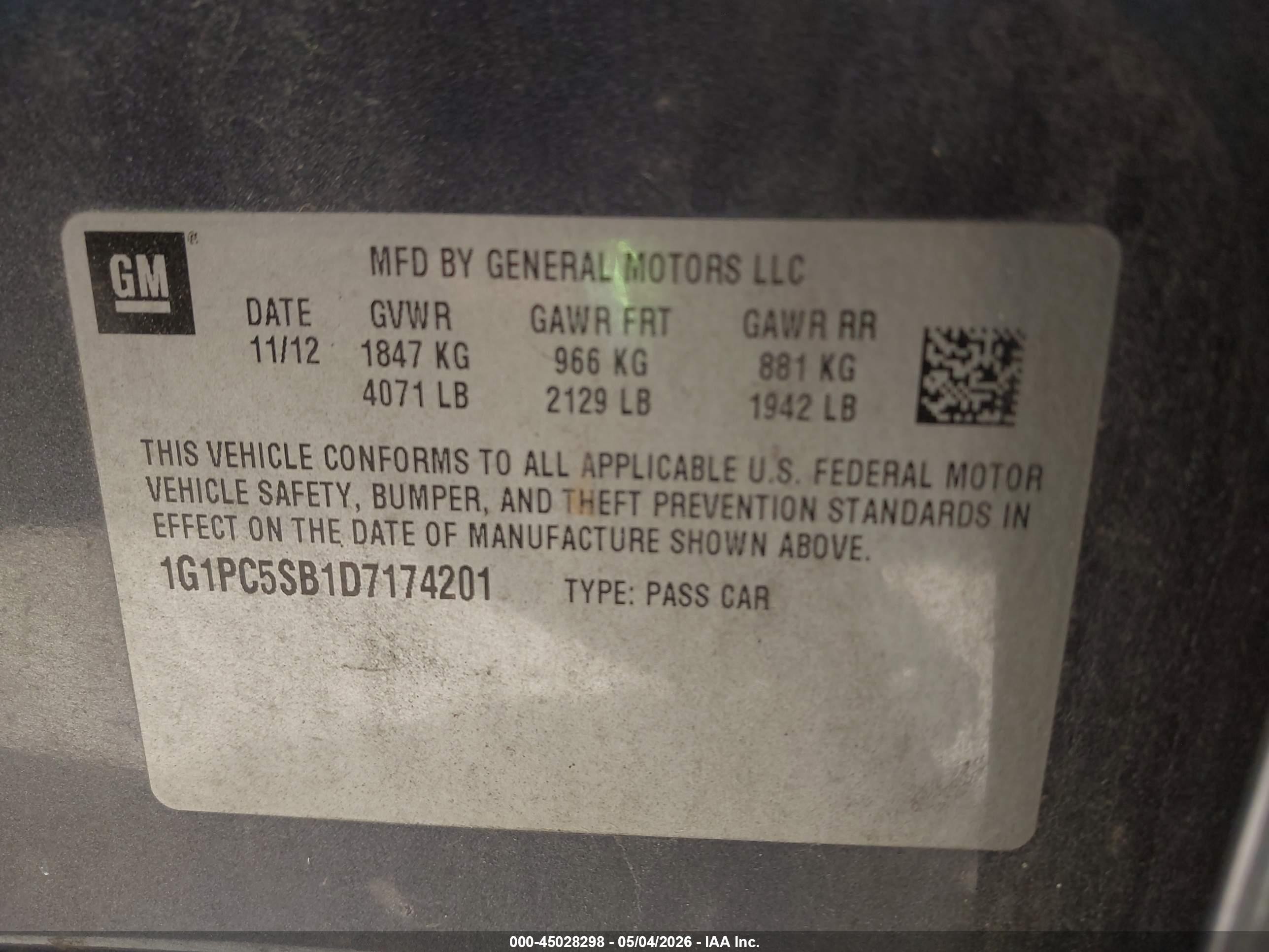 2013 Chevrolet Cruze 1lt Auto Gray vin: 1G1PC5SB1D7174201