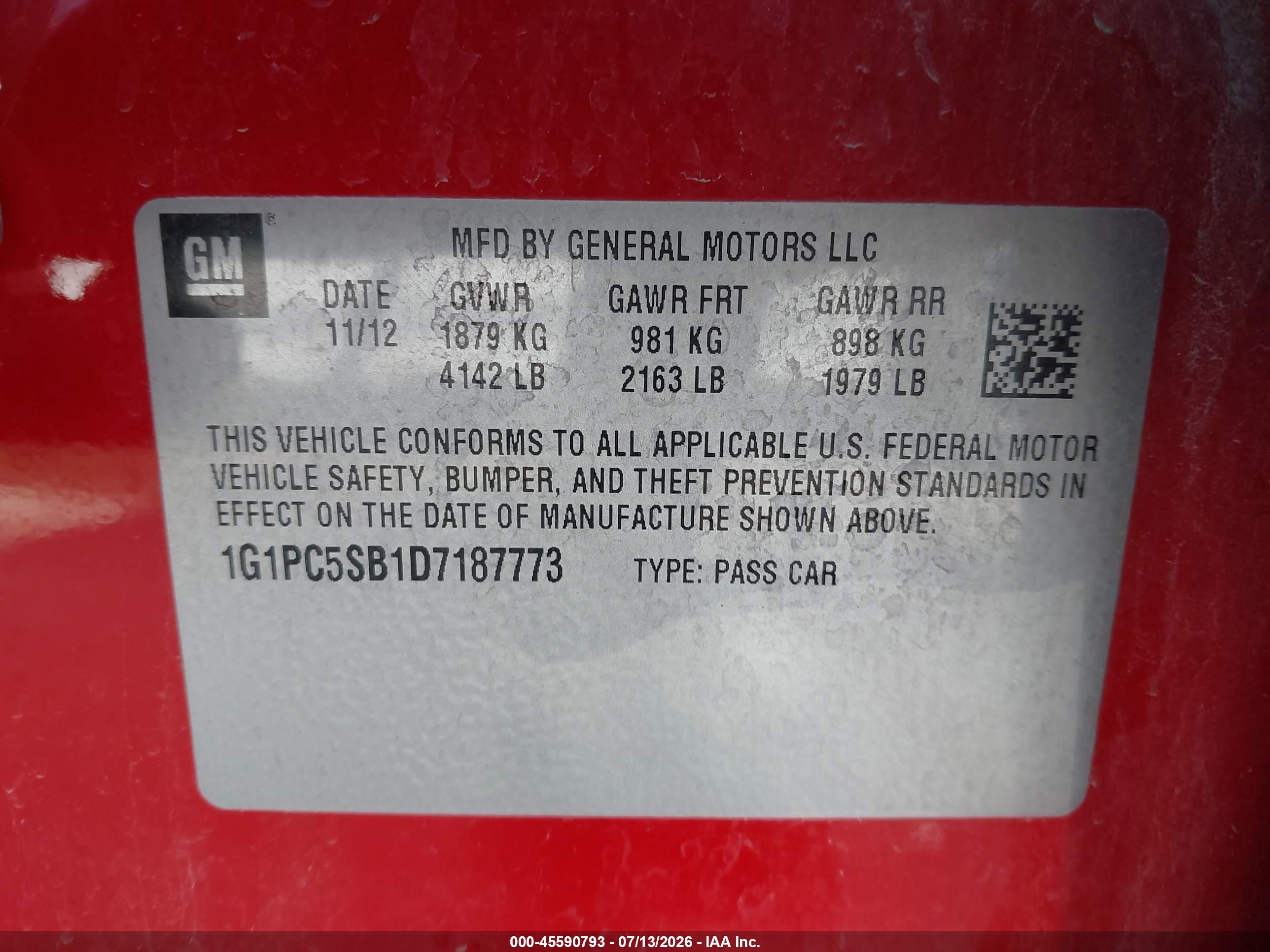 2013 Chevrolet Cruze 1lt Auto Red vin: 1G1PC5SB1D7187773