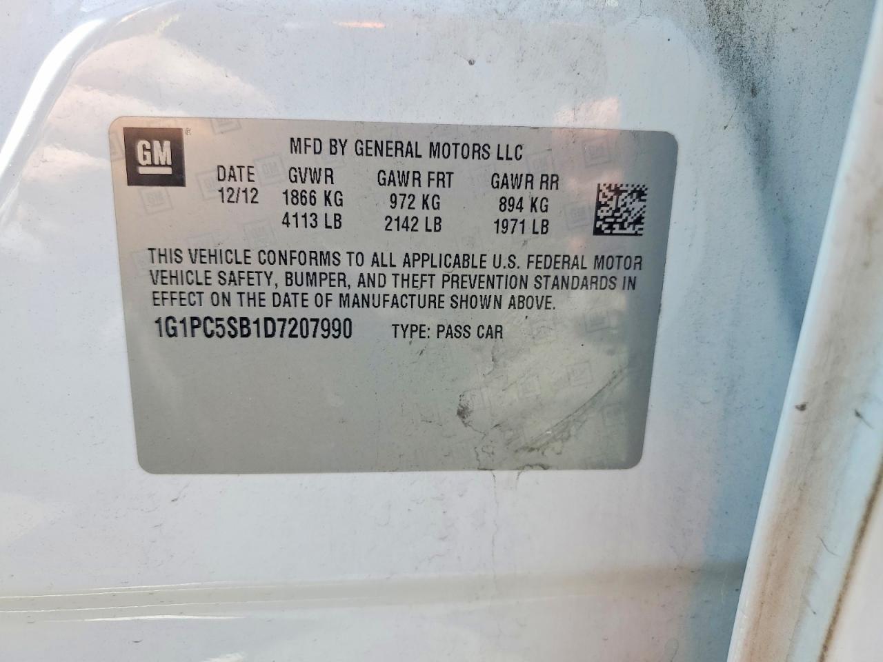 2013 Chevrolet Cruze Lt White vin: 1G1PC5SB1D7207990