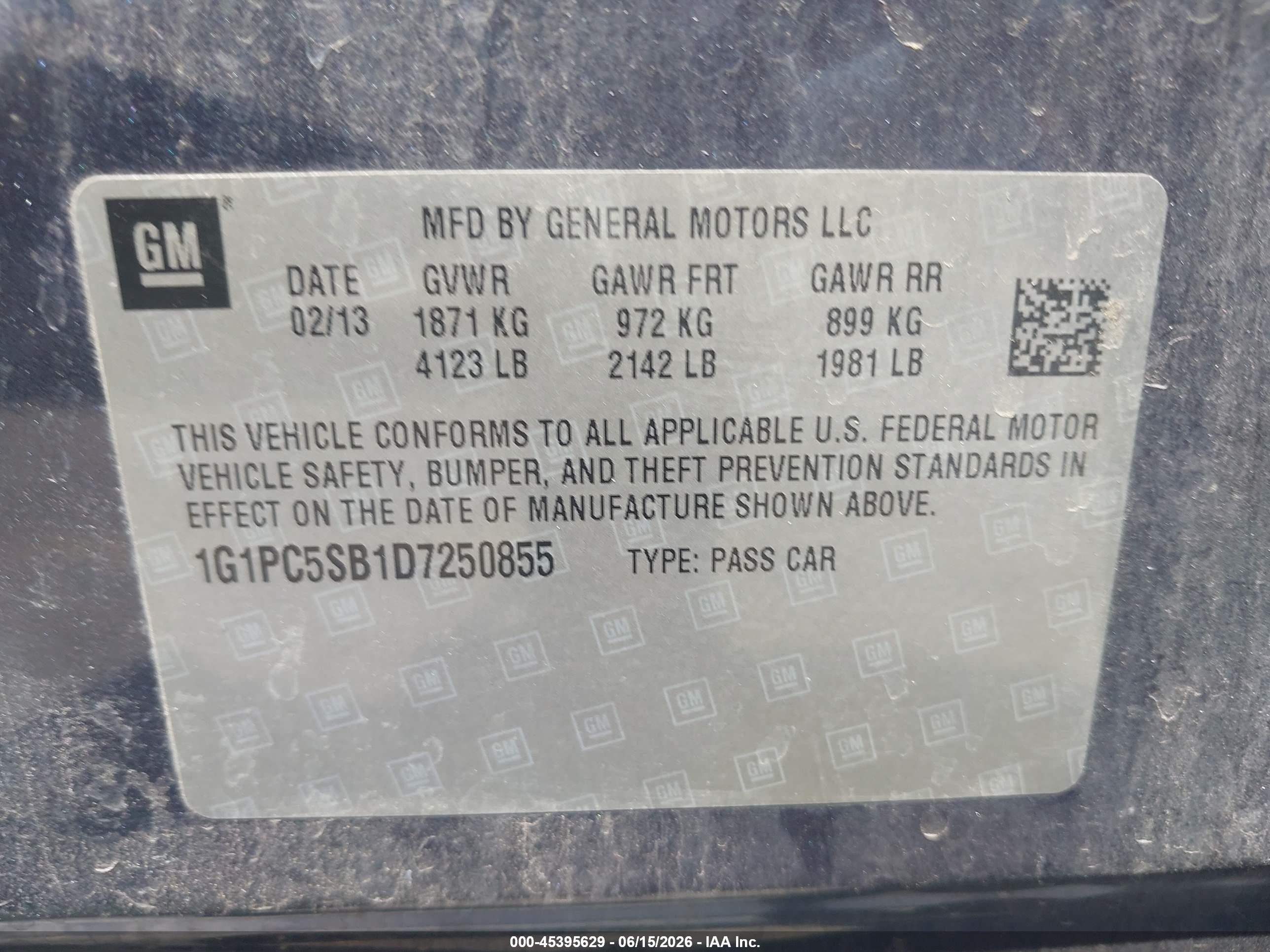 2013 Chevrolet Cruze 1lt Auto Blue vin: 1G1PC5SB1D7250855