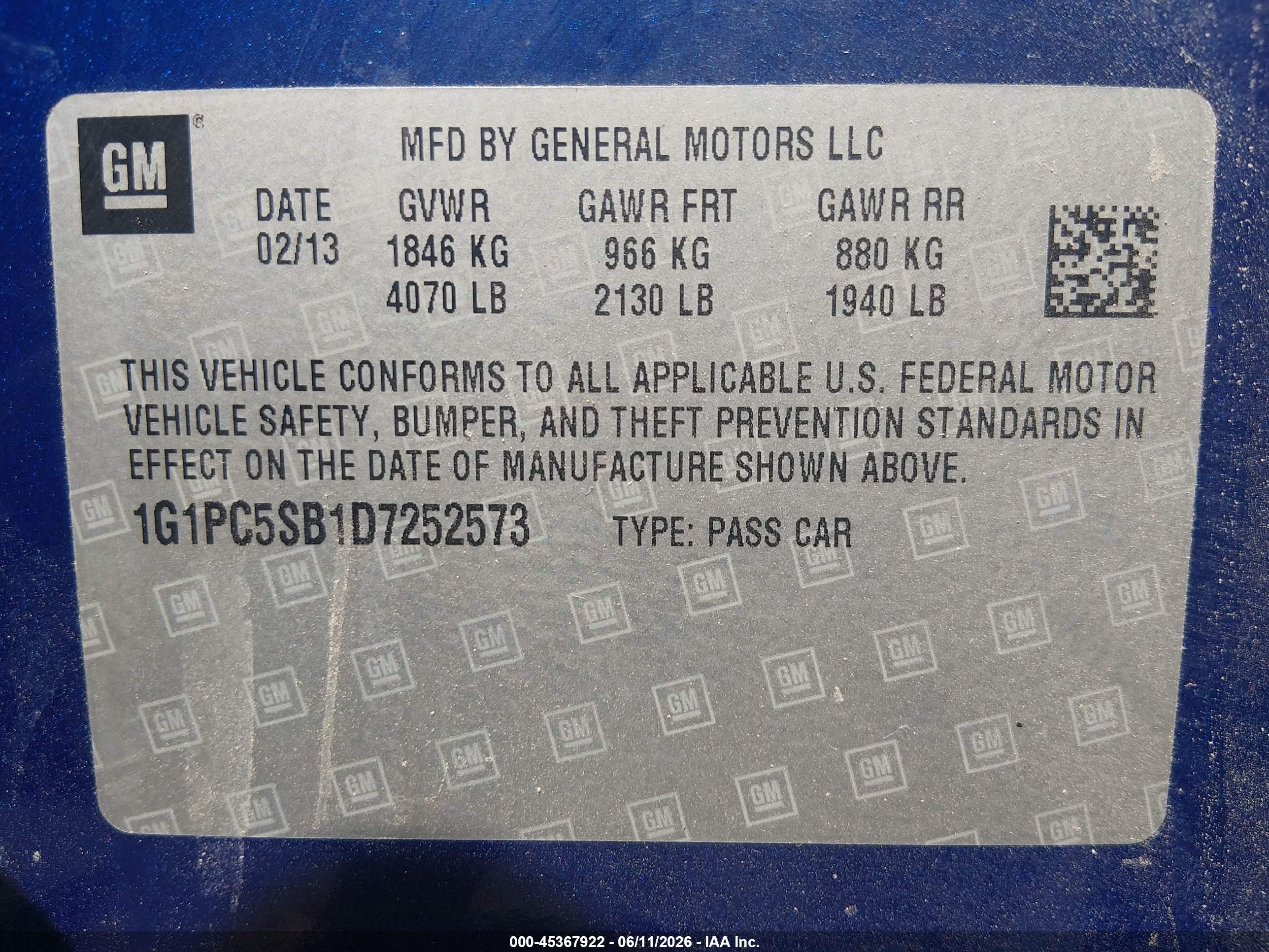 2013 Chevrolet Cruze 1lt Auto Blue vin: 1G1PC5SB1D7252573