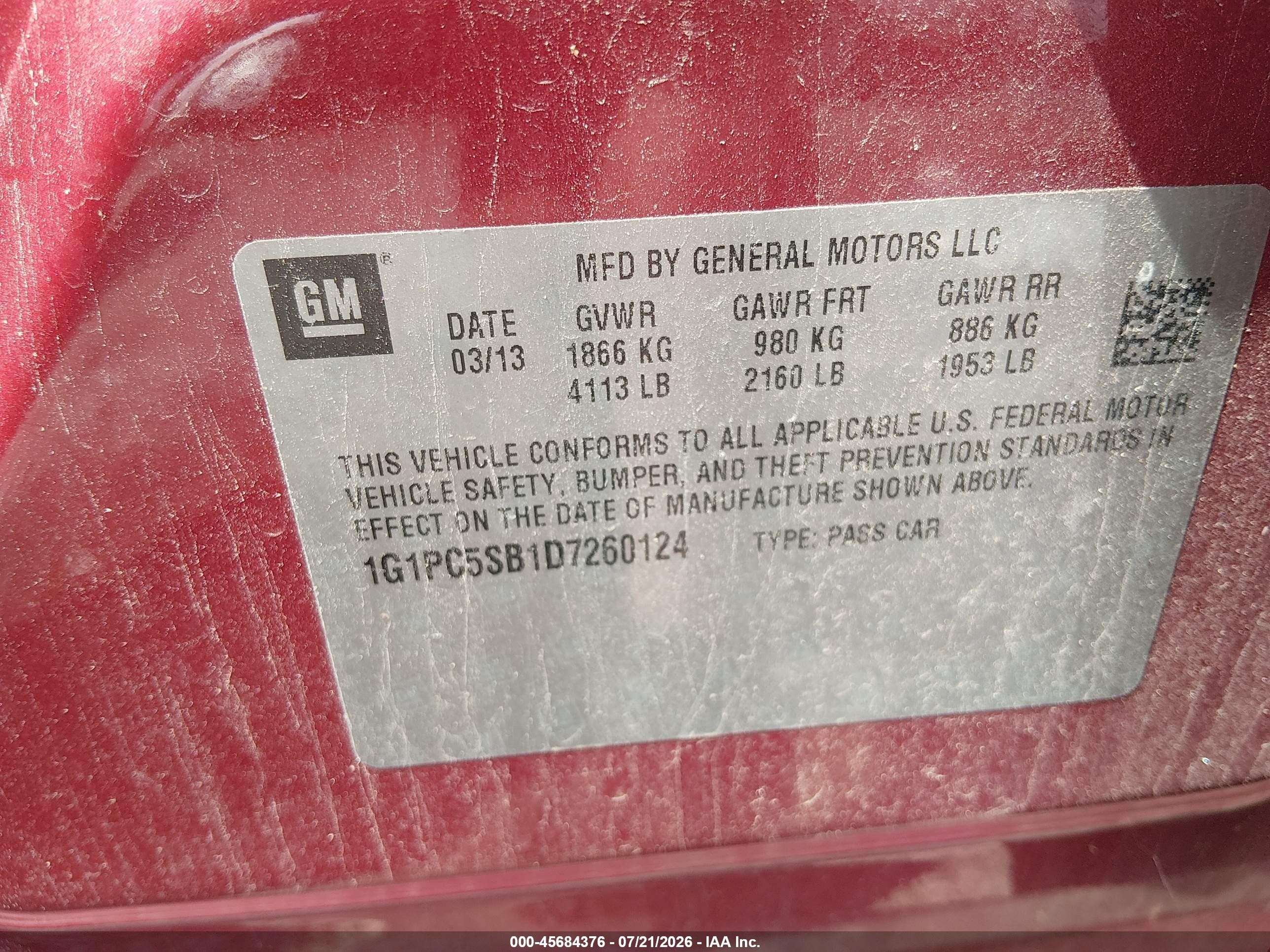 2013 Chevrolet Cruze 1lt Auto Red vin: 1G1PC5SB1D7260124