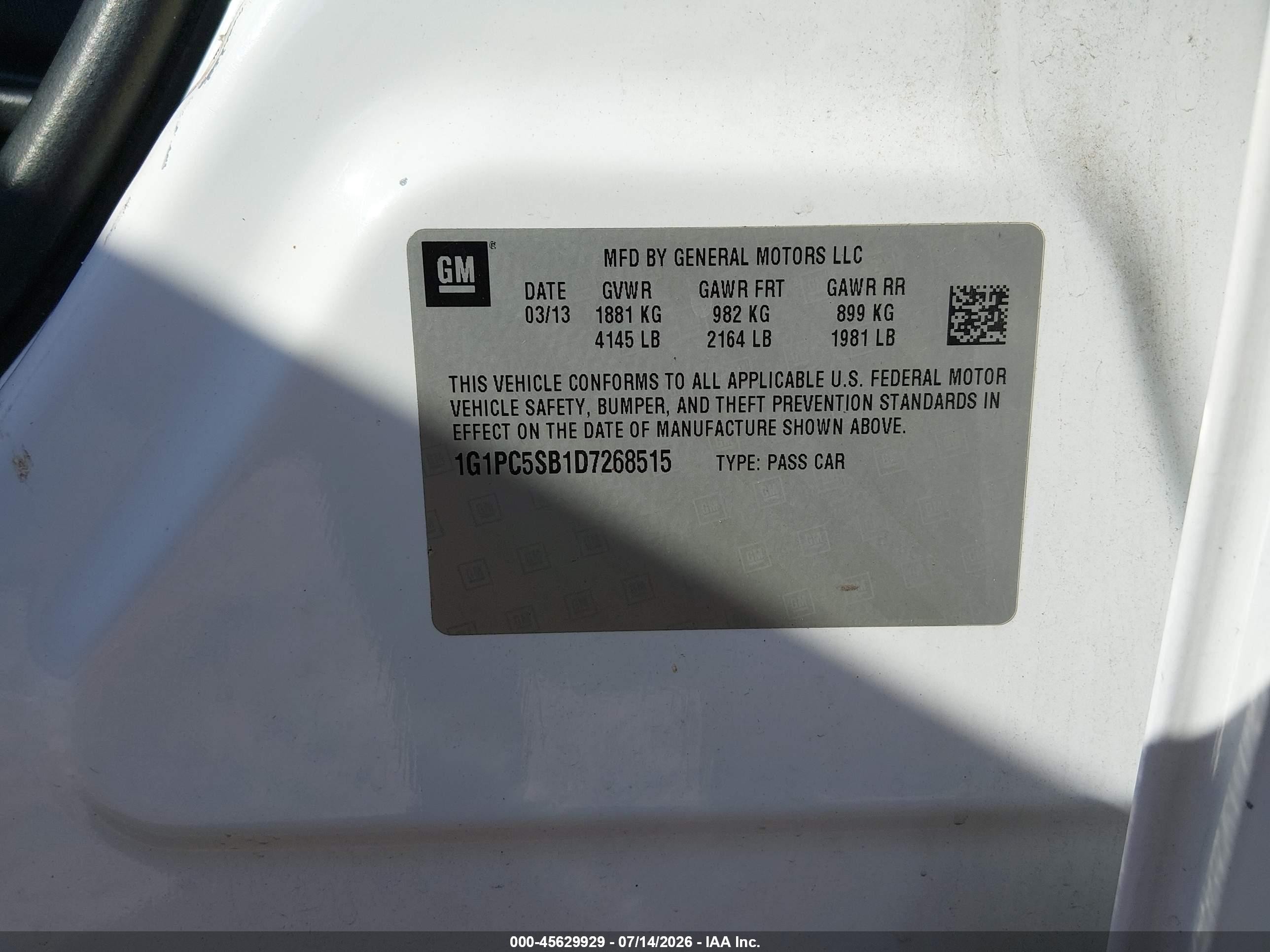 2013 Chevrolet Cruze 1lt Auto Белый vin: 1G1PC5SB1D7268515