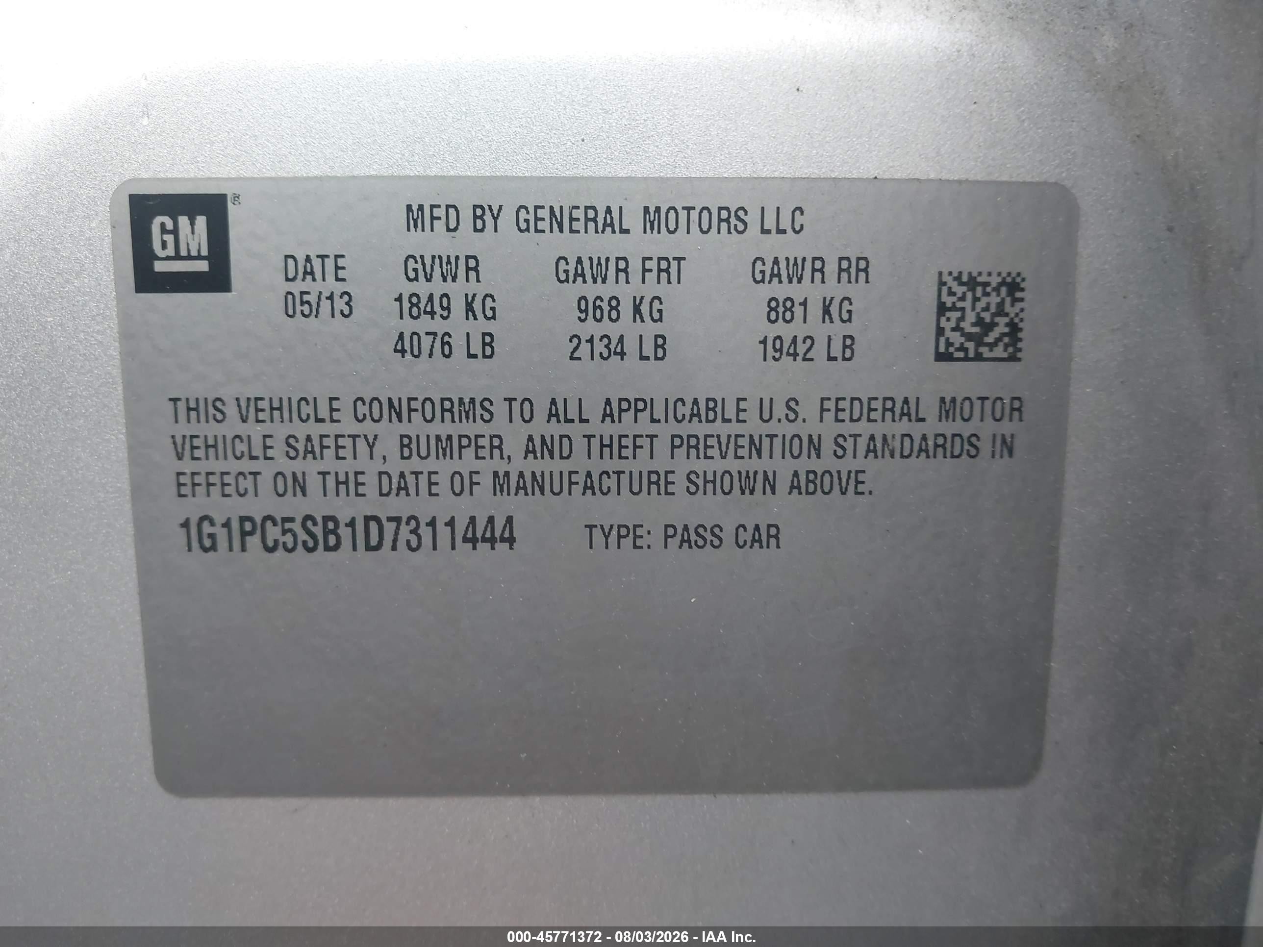 2013 Chevrolet Cruze 1lt Auto Silver vin: 1G1PC5SB1D7311444