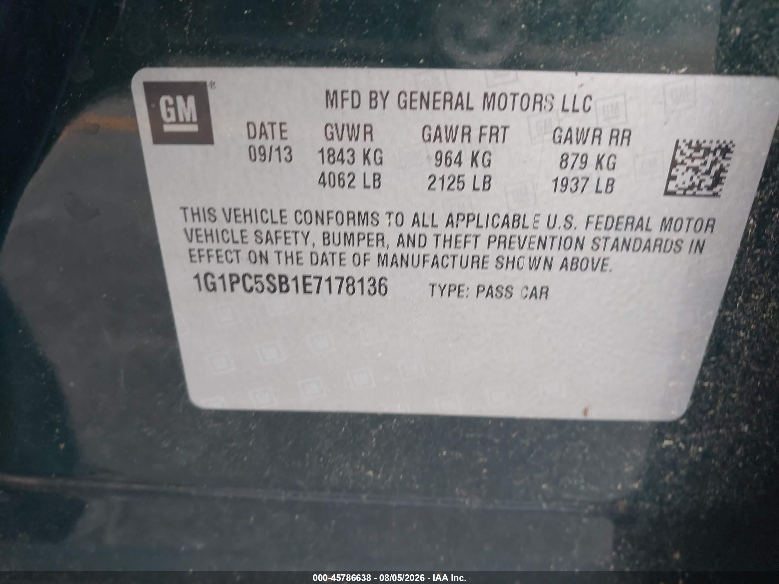 2014 Chevrolet Cruze 1lt Auto Green vin: 1G1PC5SB1E7178136