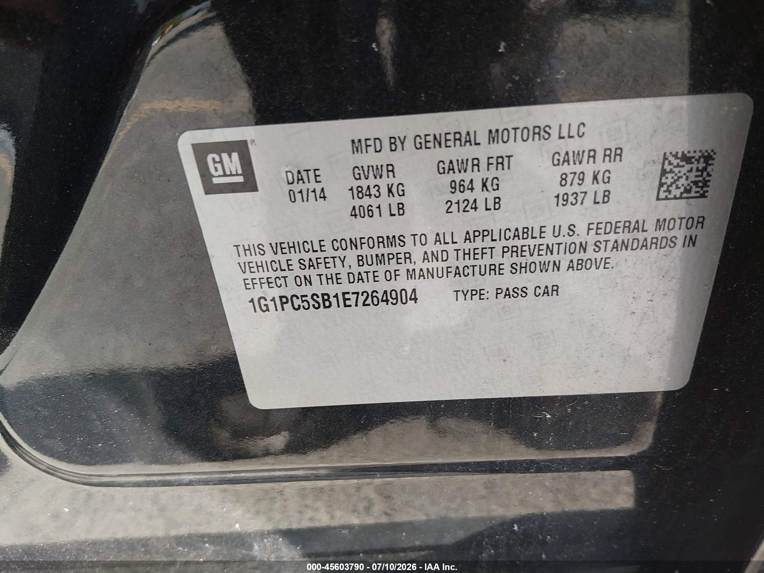 2014 Chevrolet Cruze 1lt Auto Black vin: 1G1PC5SB1E7264904