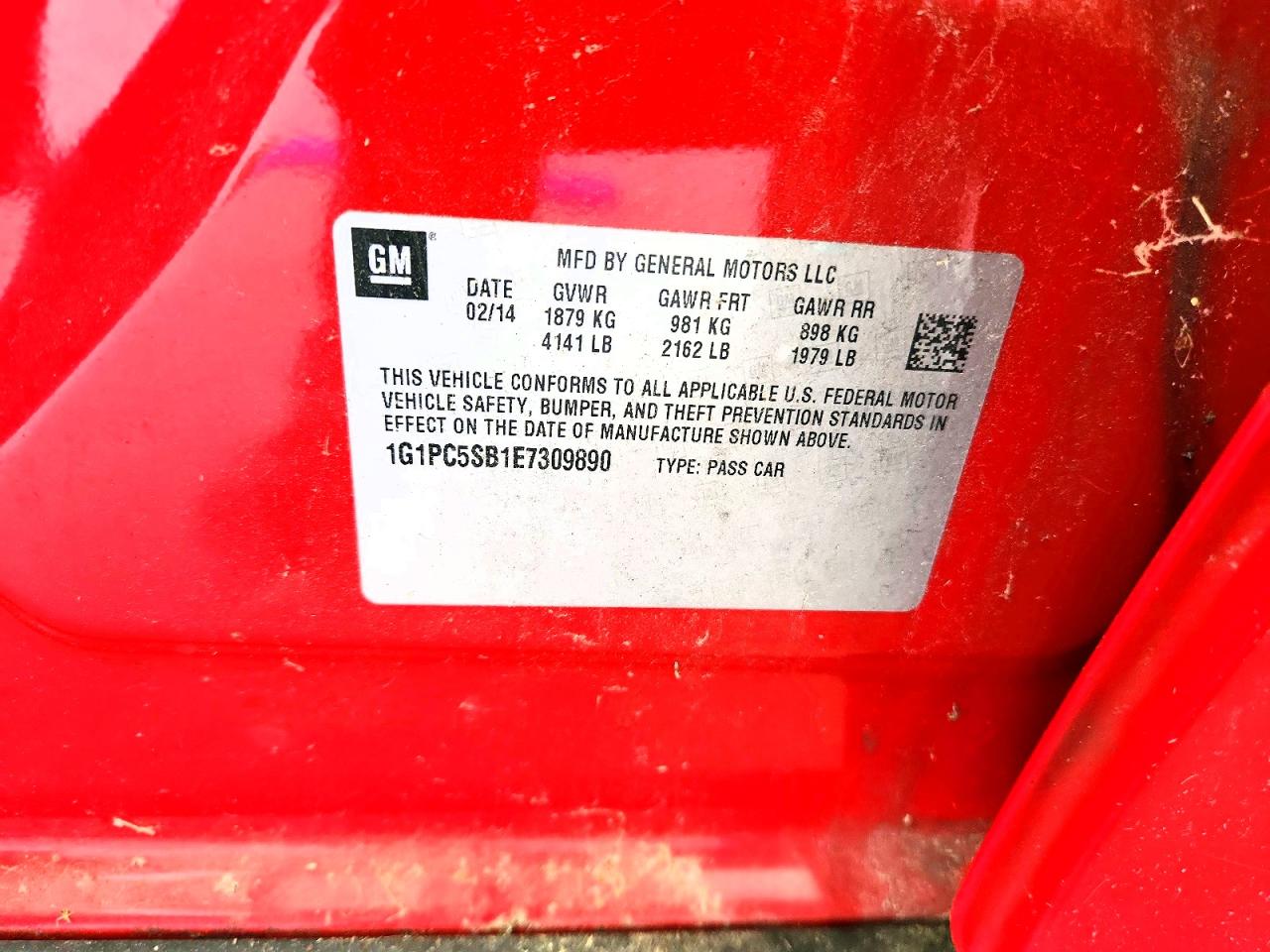 2014 Chevrolet Cruze Lt Red vin: 1G1PC5SB1E7309890