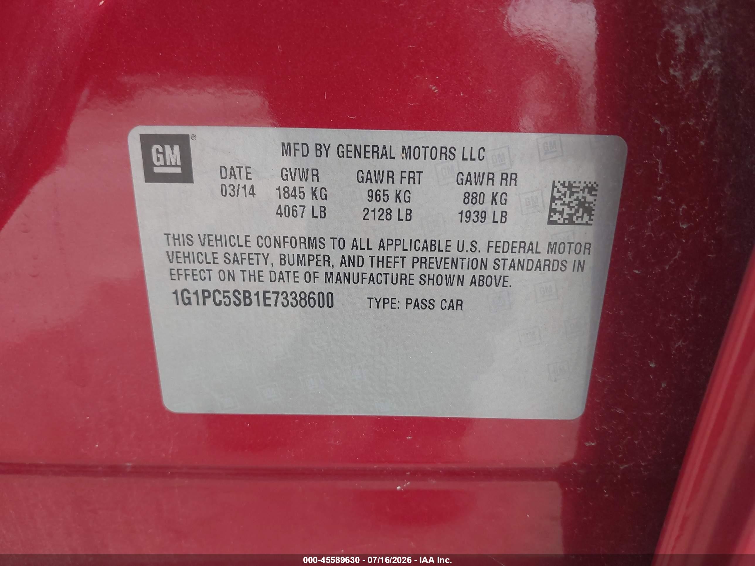 2014 Chevrolet Cruze 1lt Auto Red vin: 1G1PC5SB1E7338600