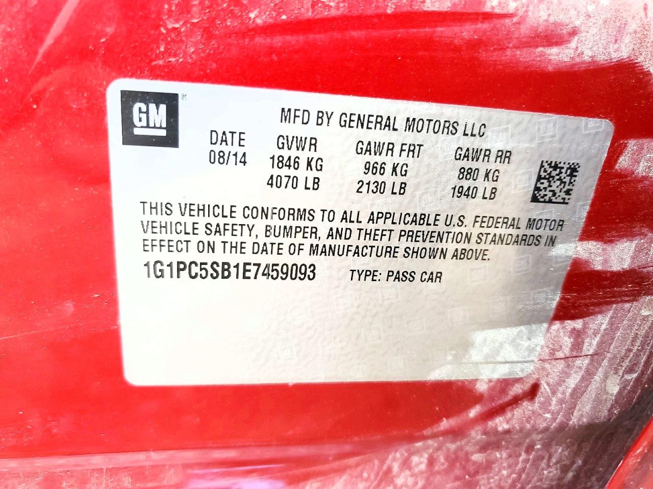 2014 Chevrolet Cruze Lt Red vin: 1G1PC5SB1E7459093