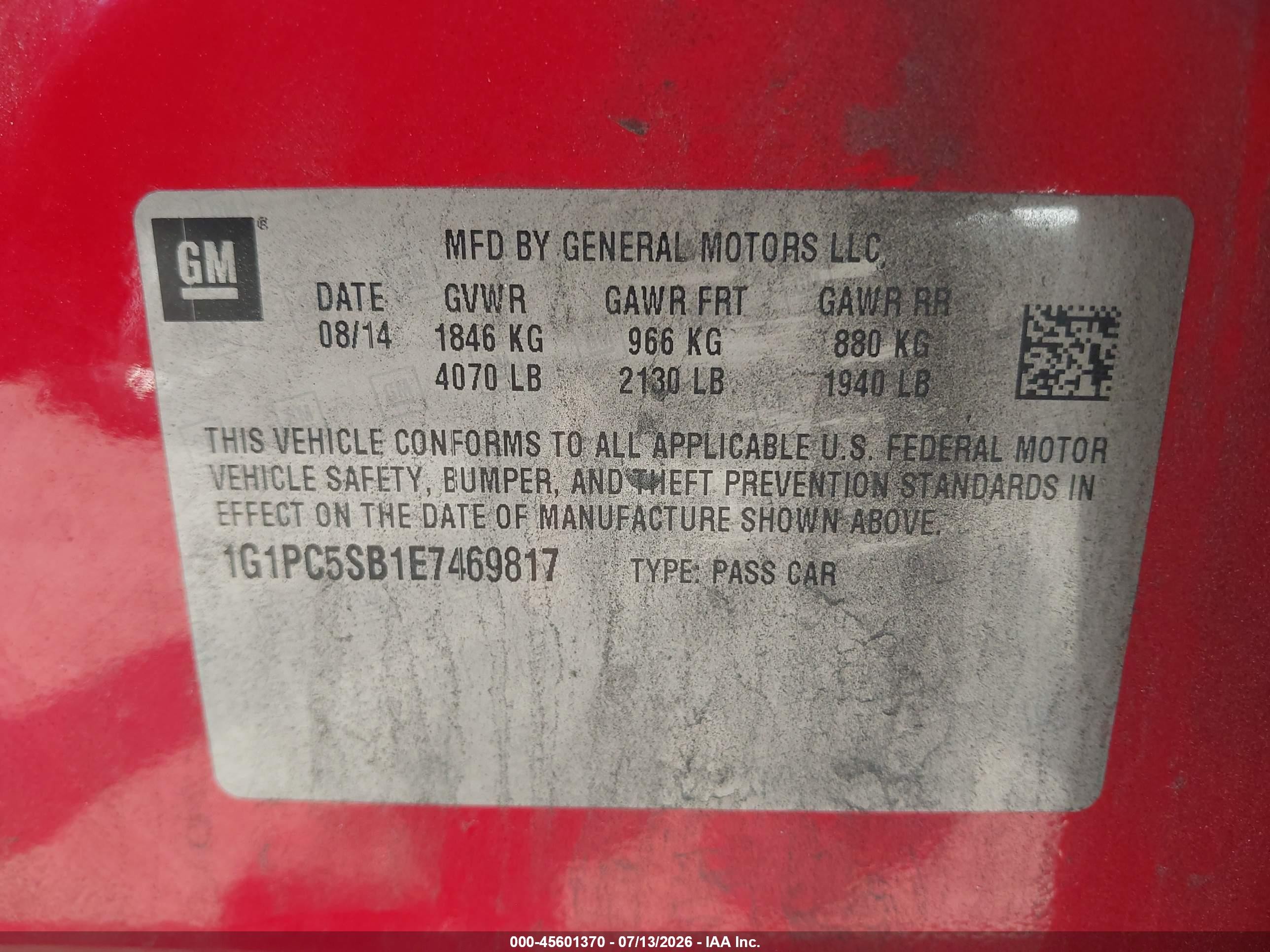 2014 Chevrolet Cruze 1lt Auto Red vin: 1G1PC5SB1E7469817