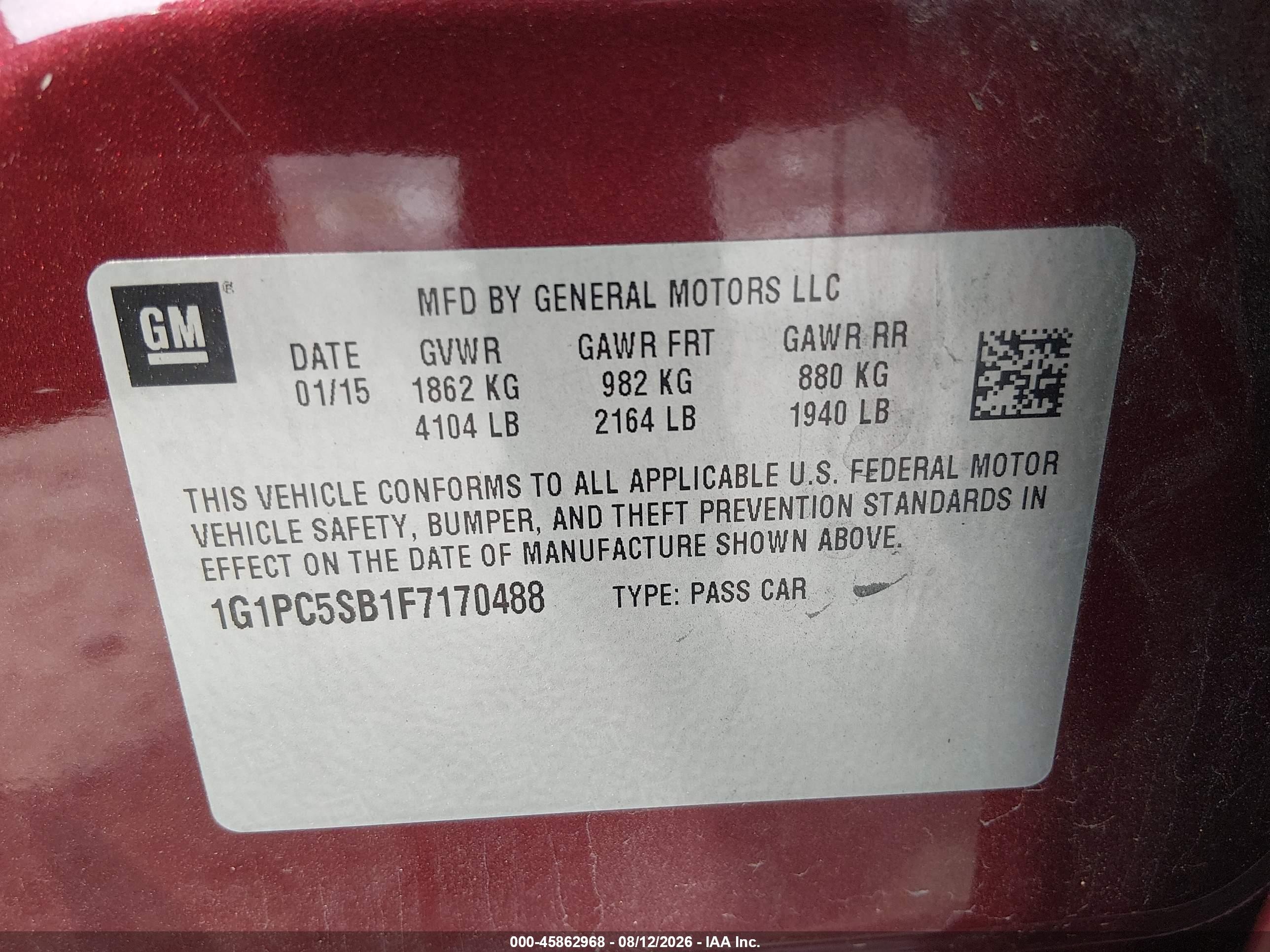 2015 Chevrolet Cruze 1lt Auto Maroon vin: 1G1PC5SB1F7170488