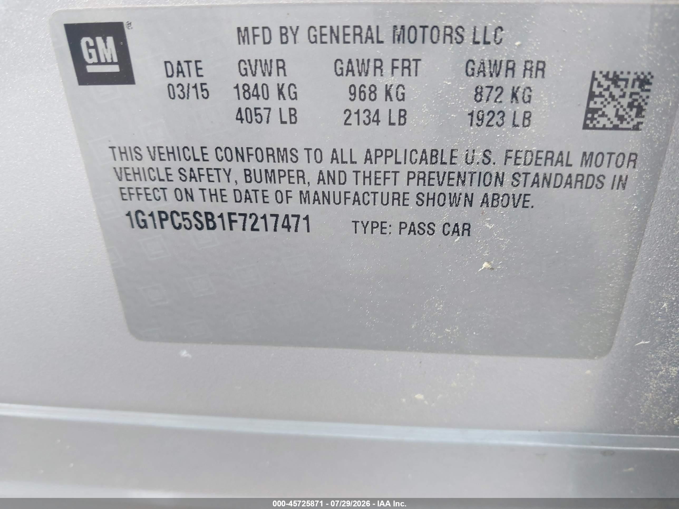 2015 Chevrolet Cruze 1lt Auto Silver vin: 1G1PC5SB1F7217471