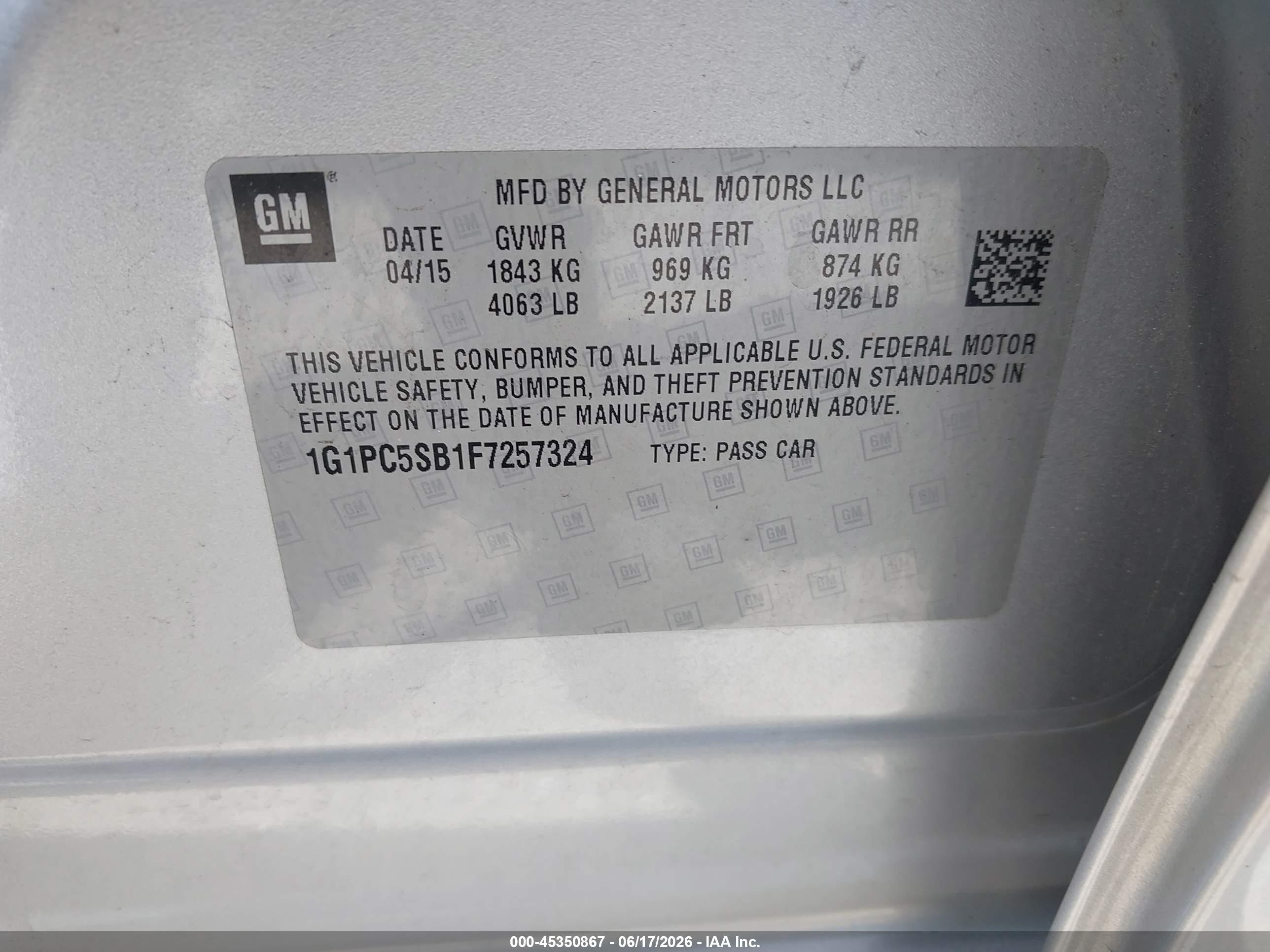 2015 Chevrolet Cruze 1lt Auto Silver vin: 1G1PC5SB1F7257324