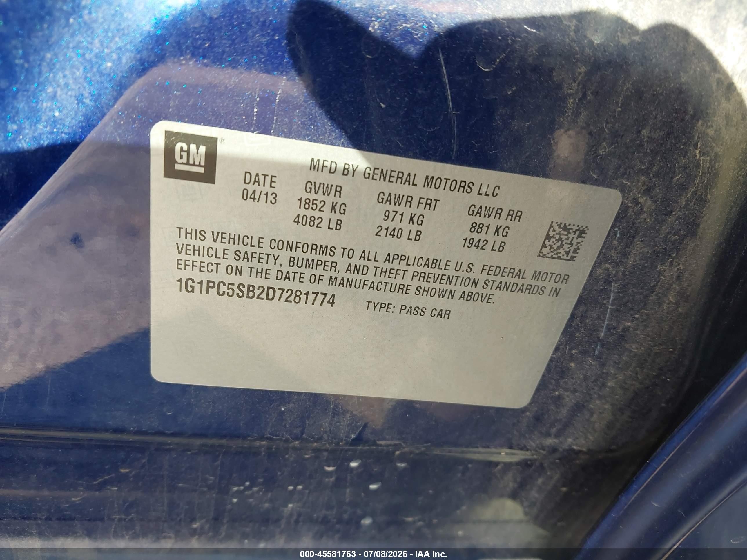 2013 Chevrolet Cruze 1lt Auto Blue vin: 1G1PC5SB2D7281774