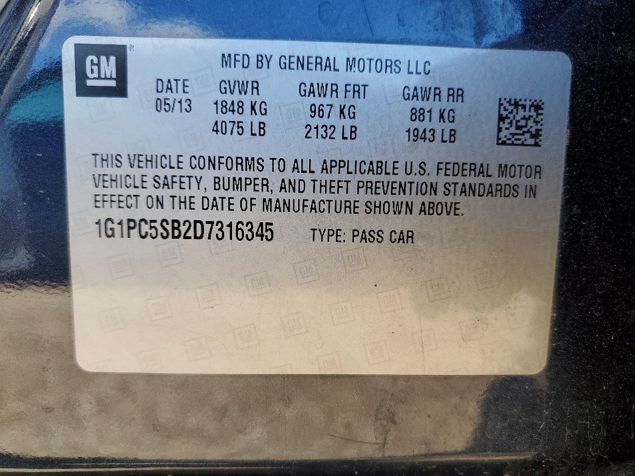 2013 Chevrolet Cruze Lt Blue vin: 1G1PC5SB2D7316345