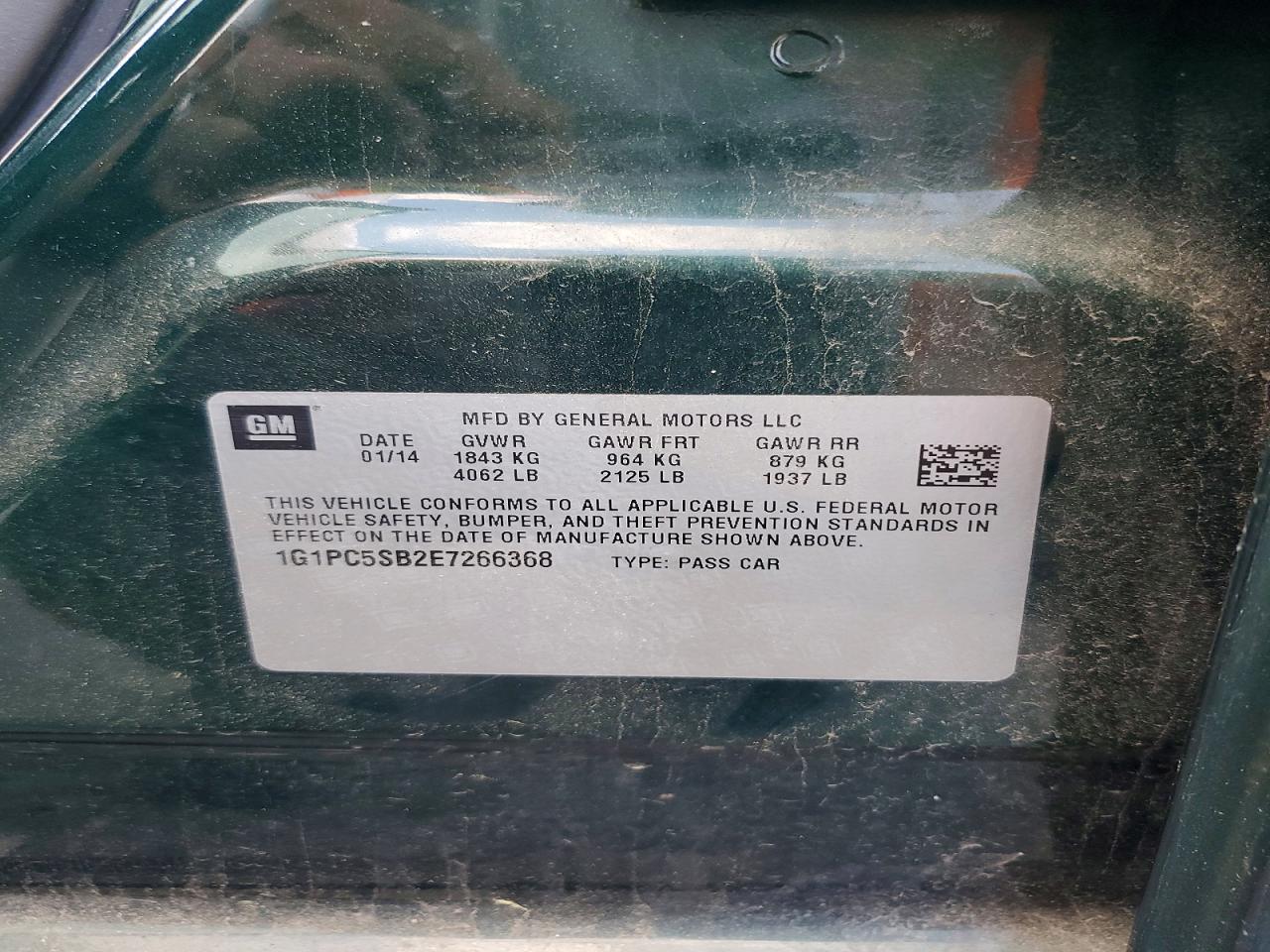 2014 Chevrolet Cruze Lt Green vin: 1G1PC5SB2E7266368