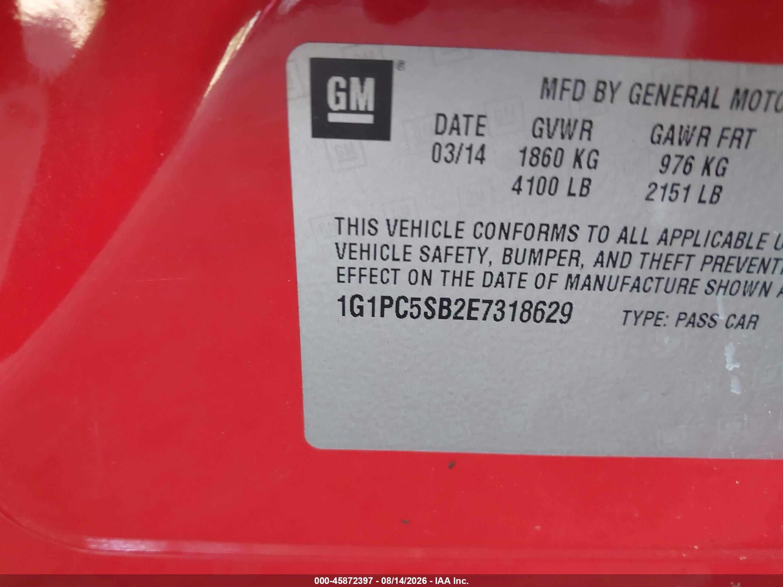 2014 Chevrolet Cruze 1lt Auto Red vin: 1G1PC5SB2E7318629