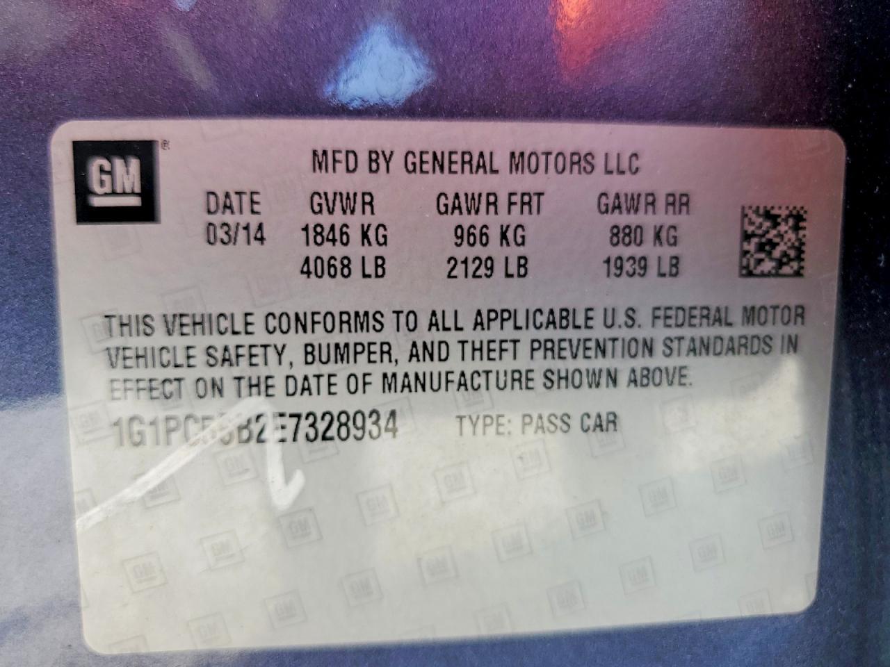 2014 Chevrolet Cruze Lt Blue vin: 1G1PC5SB2E7328934