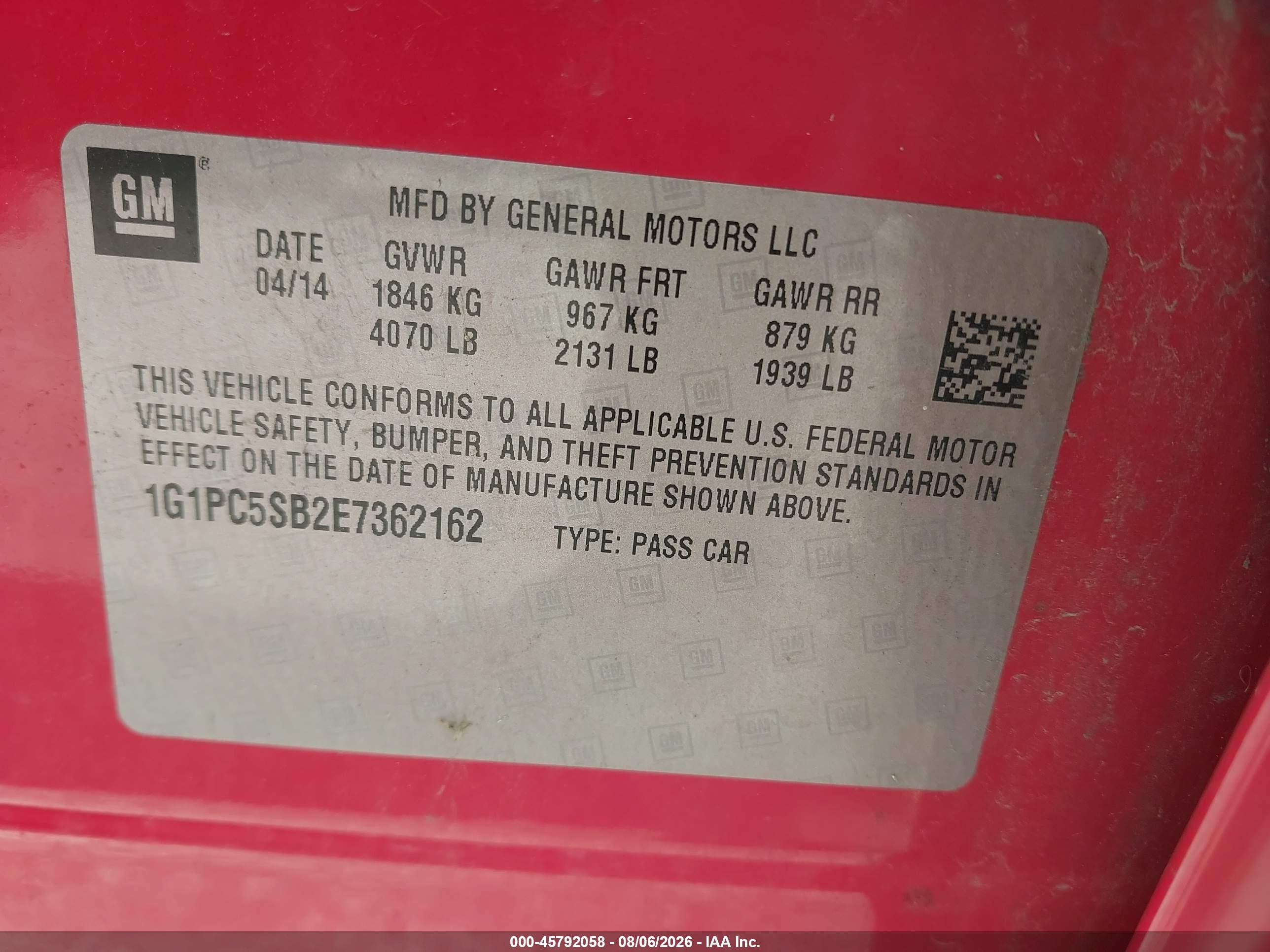 2014 Chevrolet Cruze 1lt Auto Red vin: 1G1PC5SB2E7362162