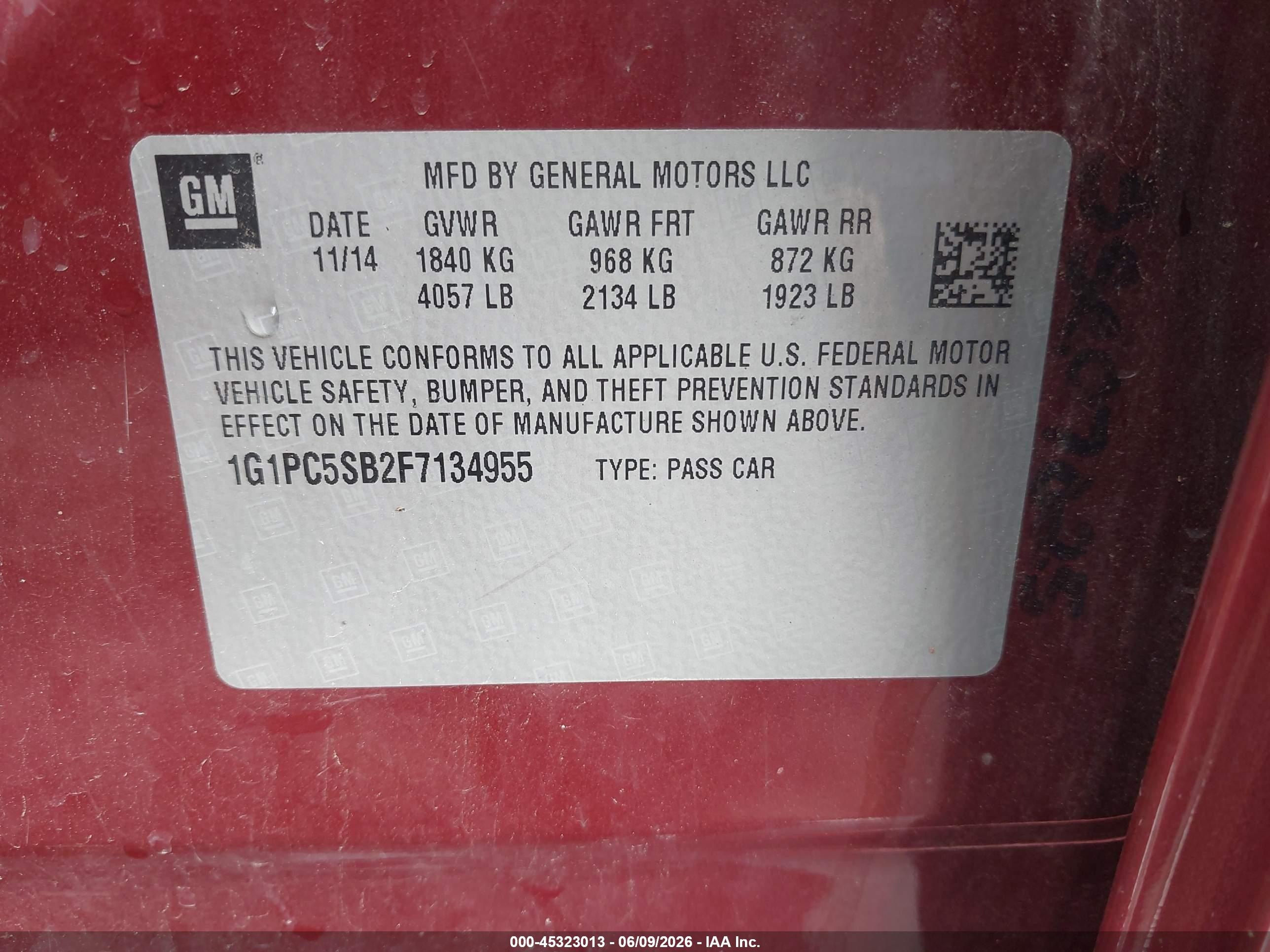 2015 Chevrolet Cruze 1lt Auto Темно-бордовый vin: 1G1PC5SB2F7134955