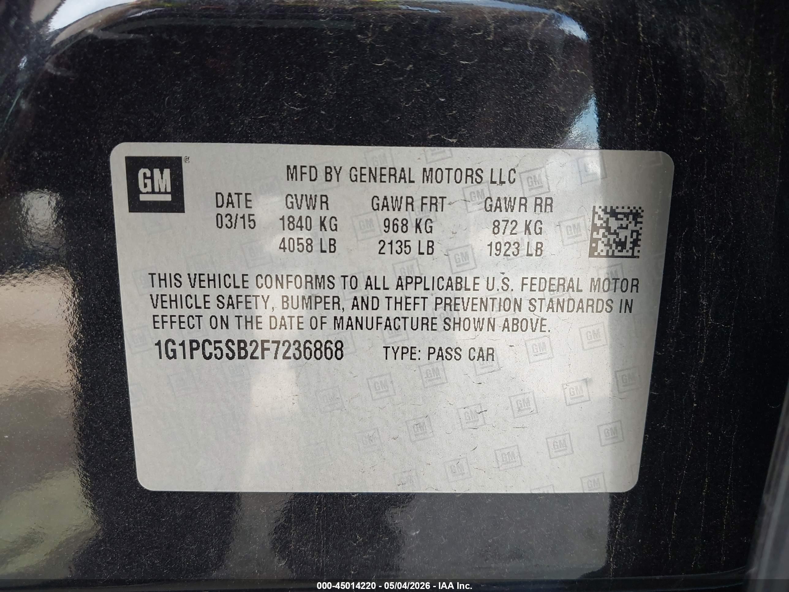 2015 Chevrolet Cruze 1lt Auto Gray vin: 1G1PC5SB2F7236868