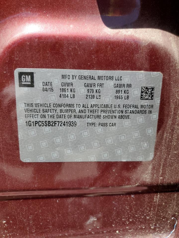 2015 Chevrolet Cruze Lt Red vin: 1G1PC5SB2F7241939