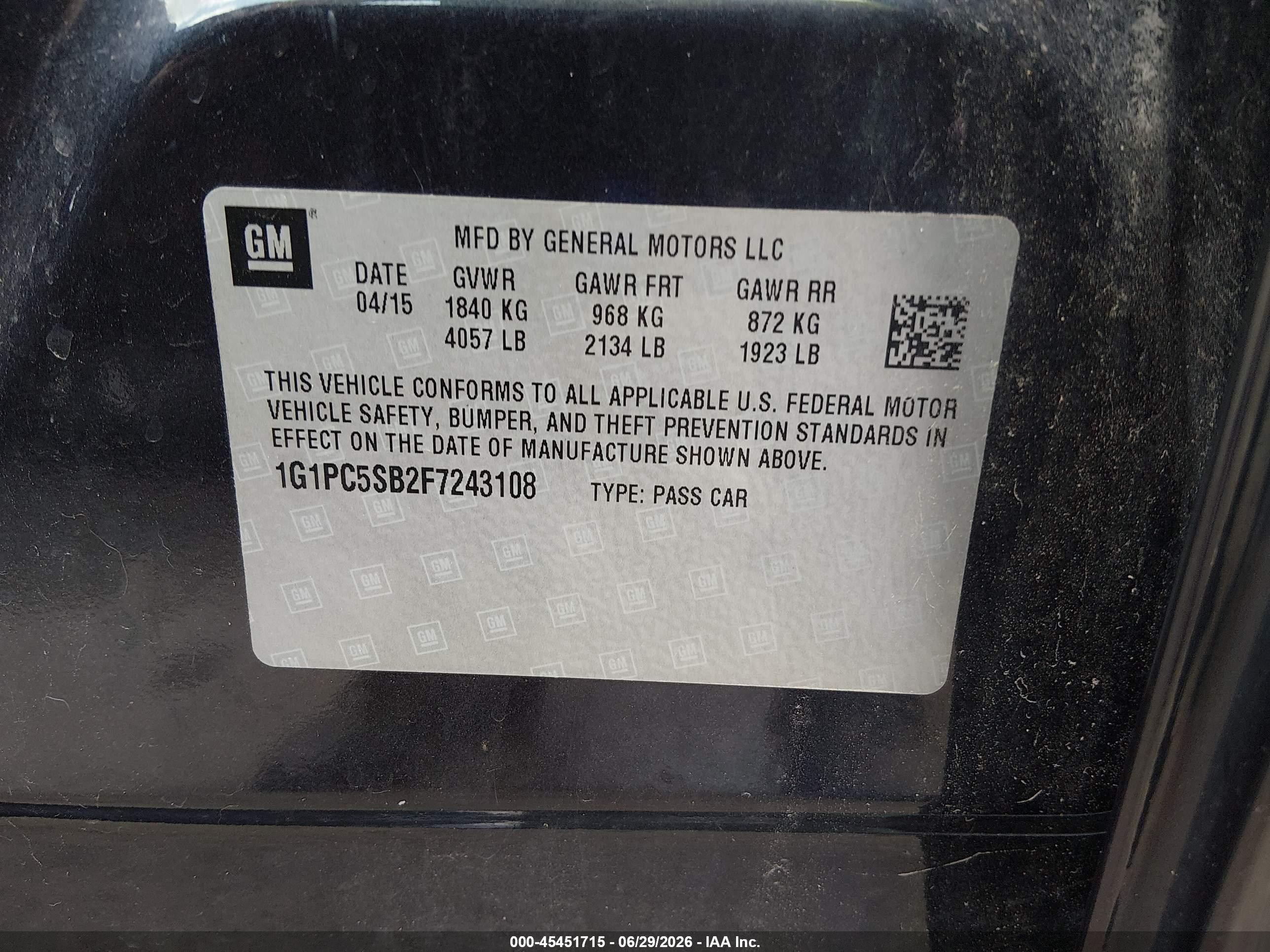 2015 Chevrolet Cruze 1lt Auto Black vin: 1G1PC5SB2F7243108