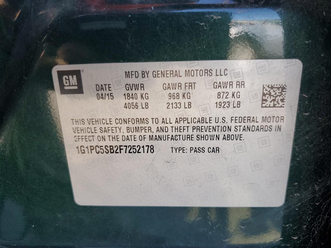 2015 Chevrolet Cruze Lt Green vin: 1G1PC5SB2F7252178