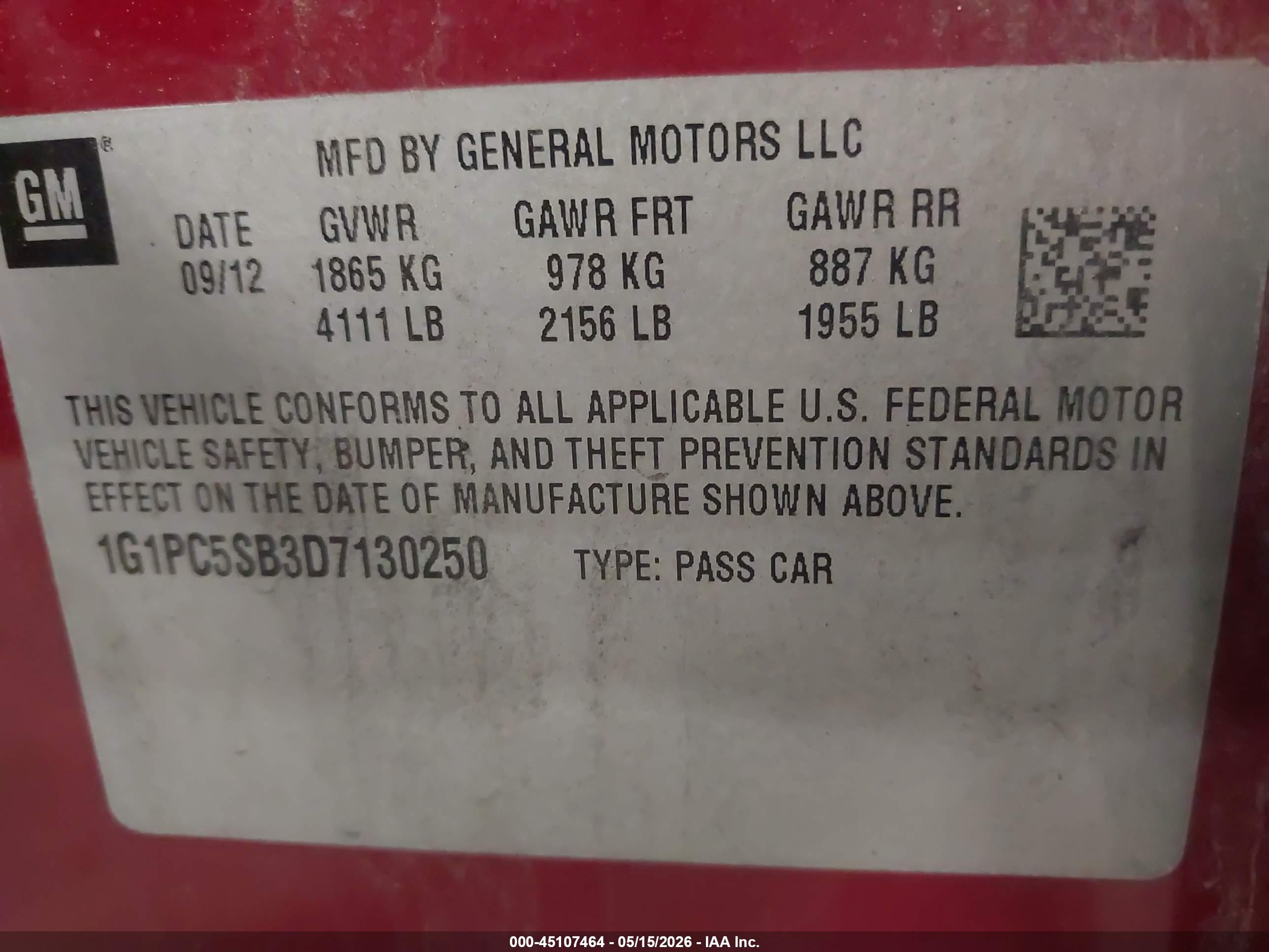 2013 Chevrolet Cruze 1lt Auto Красный vin: 1G1PC5SB3D7130250