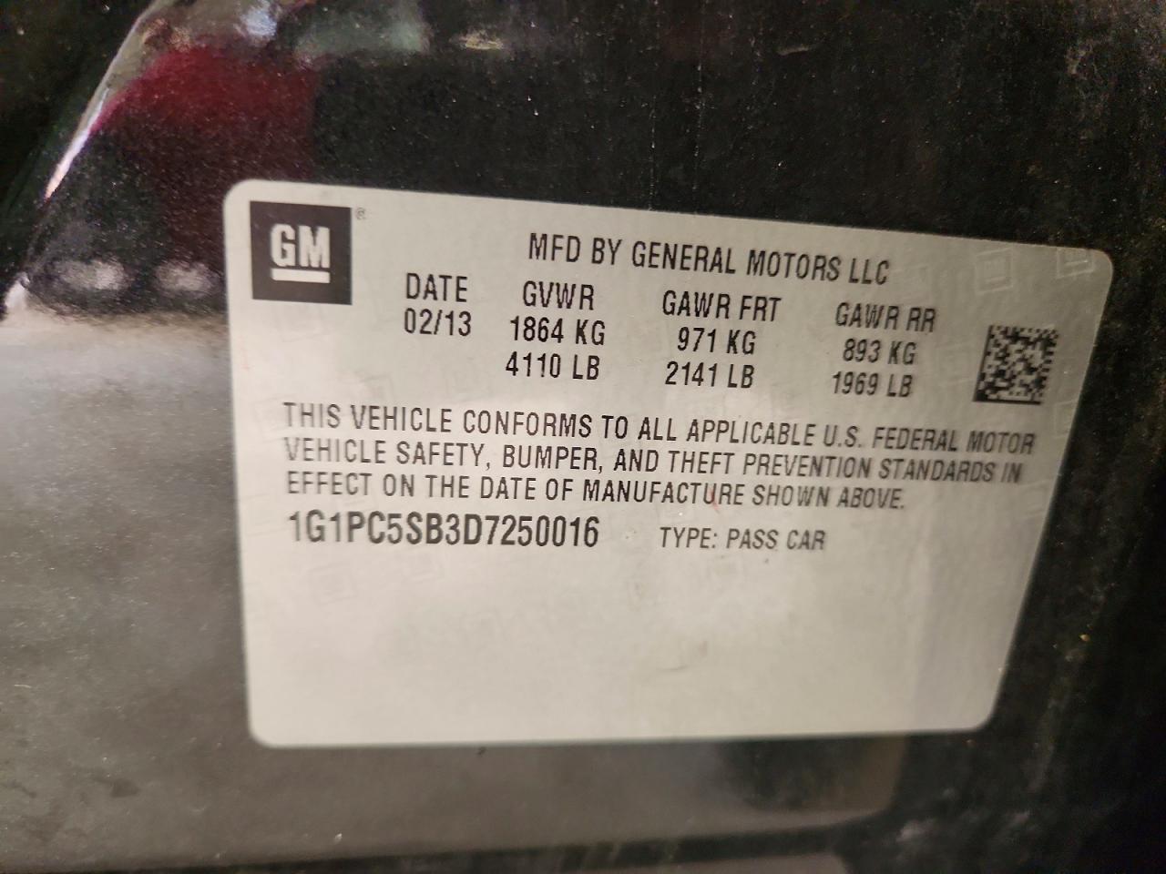 2013 Chevrolet Cruze Lt Black vin: 1G1PC5SB3D7250016