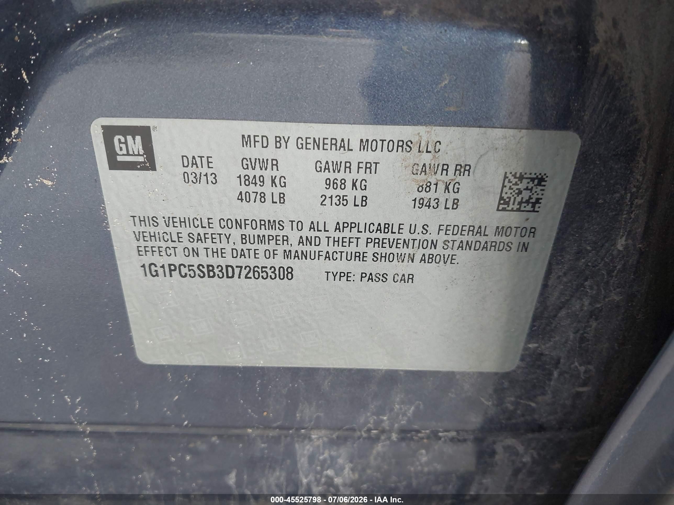2013 Chevrolet Cruze 1lt Auto Dark Blue vin: 1G1PC5SB3D7265308