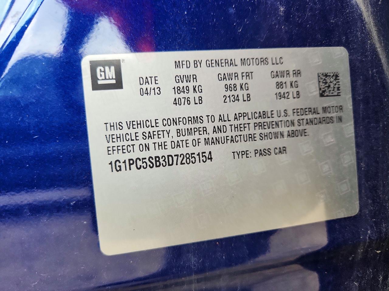2013 Chevrolet Cruze Lt Blue vin: 1G1PC5SB3D7285154