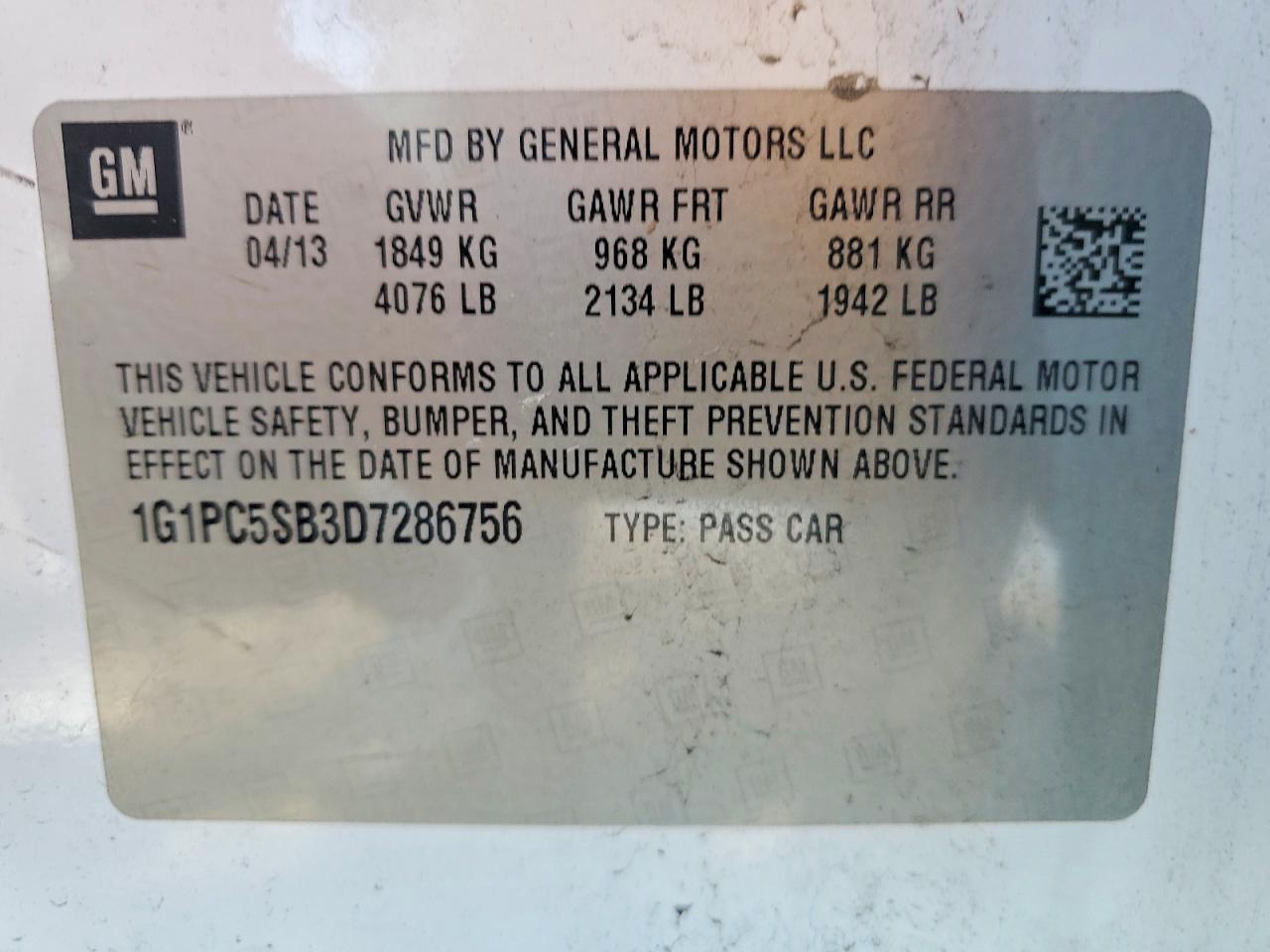 2013 Chevrolet Cruze Lt Белый vin: 1G1PC5SB3D7286756