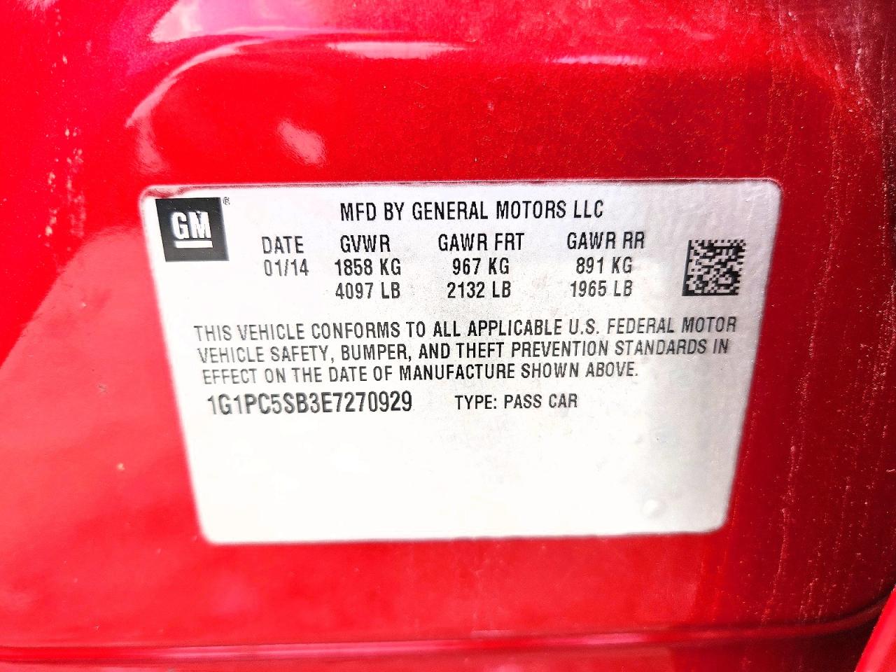 2014 Chevrolet Cruze Lt Red vin: 1G1PC5SB3E7270929
