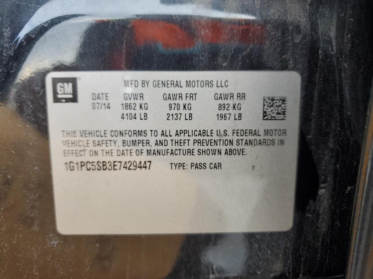 2014 Chevrolet Cruze Lt Black vin: 1G1PC5SB3E7429447