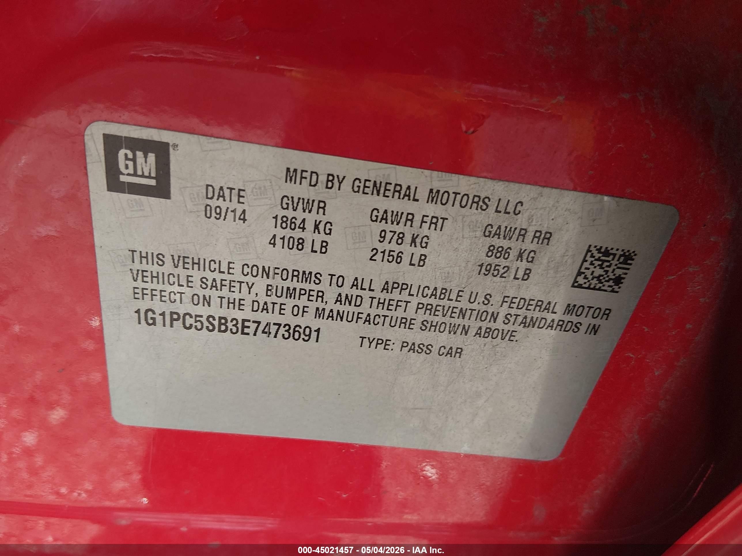 2014 Chevrolet Cruze 1lt Auto Red vin: 1G1PC5SB3E7473691
