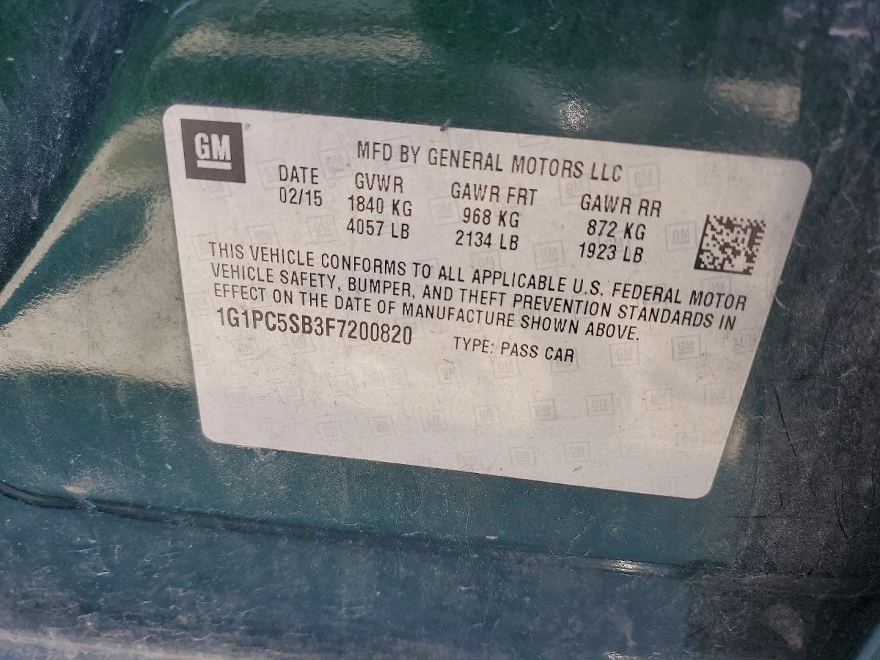2015 Chevrolet Cruze Lt Green vin: 1G1PC5SB3F7200820